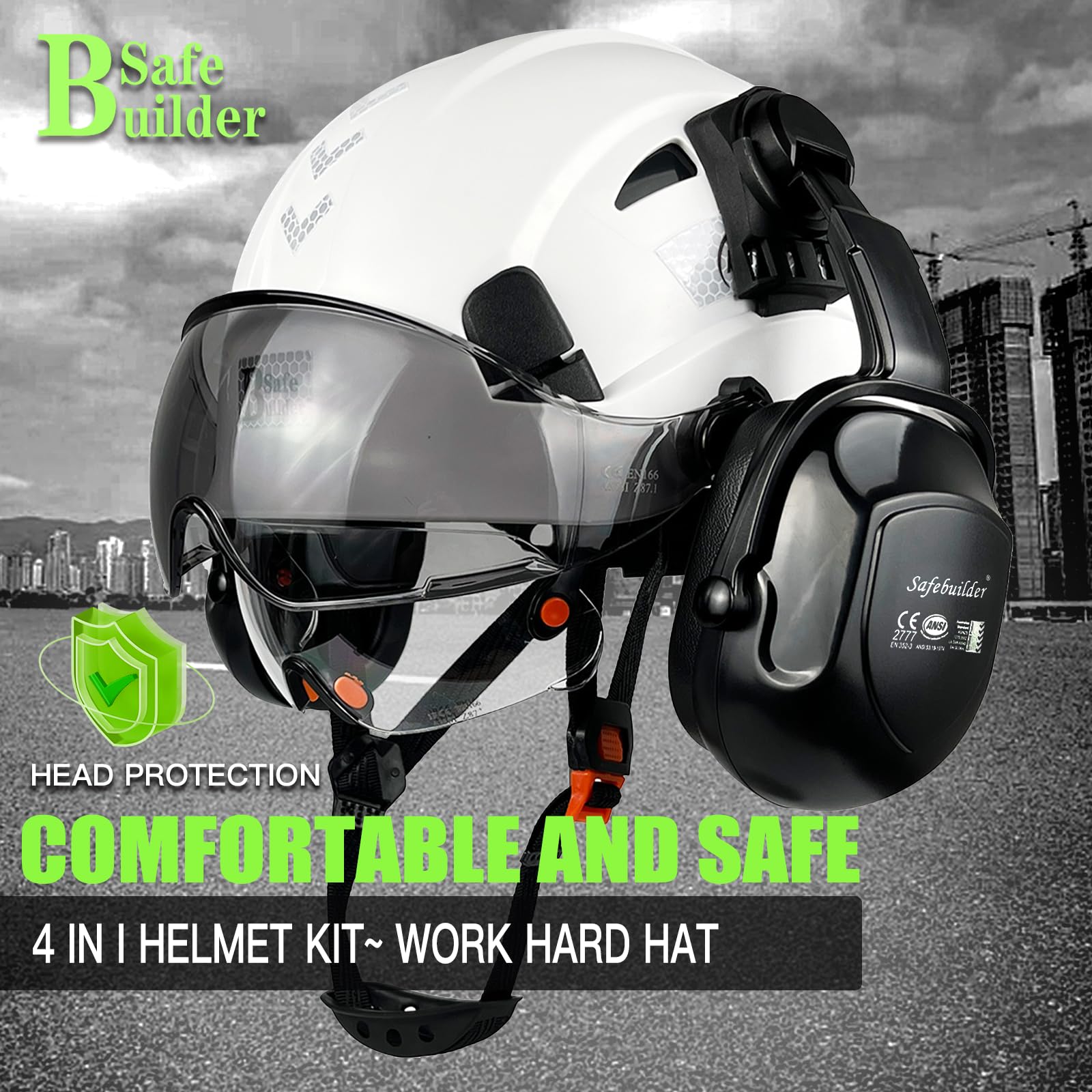 SAFEBUILDER Bauschutzhelm mit Visieren, klare und getönte Ohrenschützer, Gehörschutz, Industrie, Arbeit, Schutzhelm für Ingenieure (weißer Helm mit klarem und getöntem Visier und Ohrenschützern)