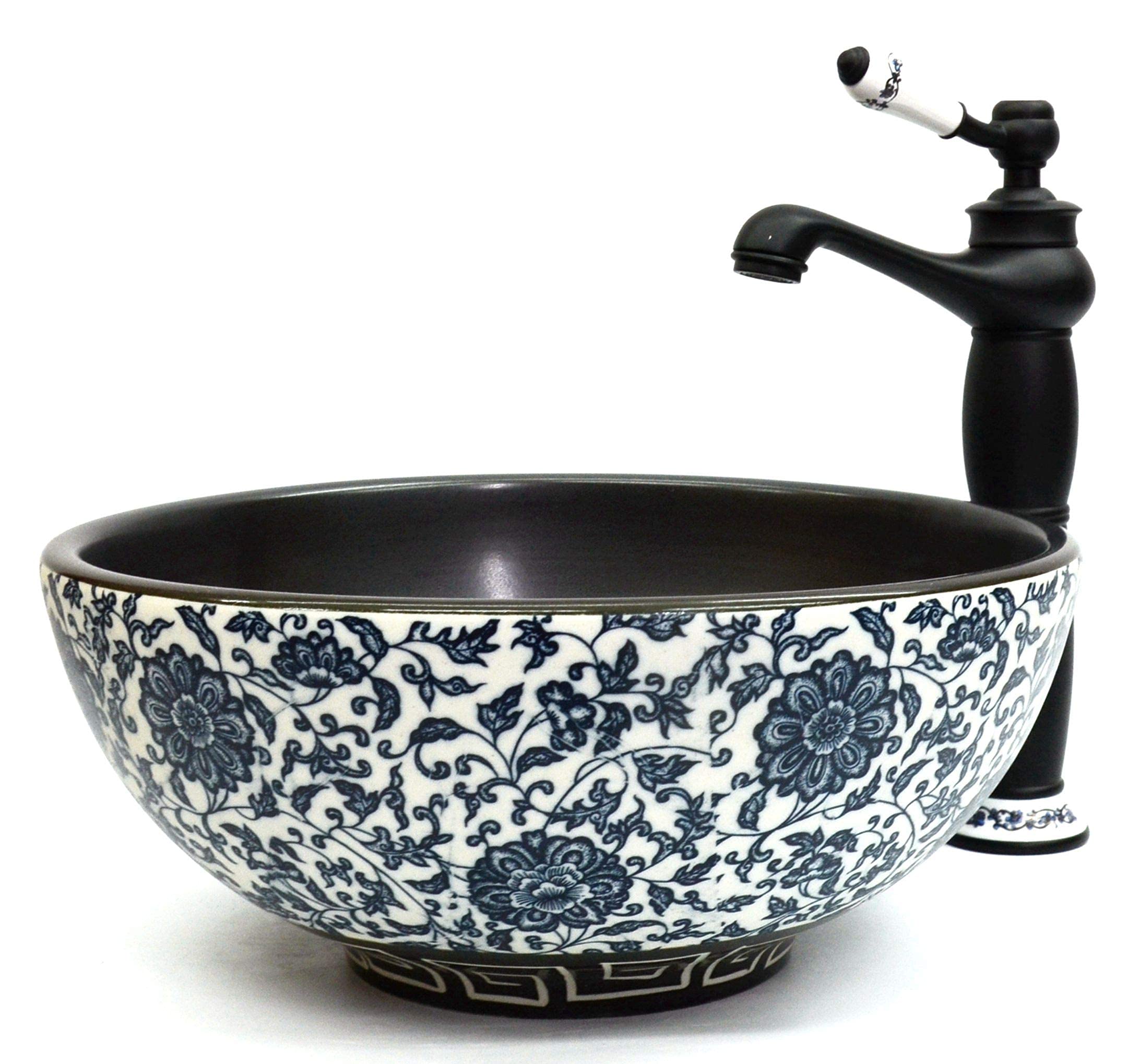 Vintage Kasbah Floral Patterned Vintage Bathroom Cloakroom Round Ceramic Counter Top Basin Sink Washing Bowl Craft Handmade 400 mm, 350 mm, 300 mm (35cm, Black Floral)
