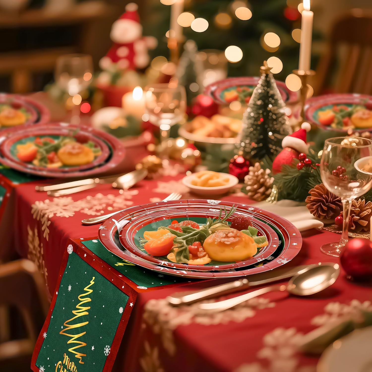 72PCS Christmas Plates and Napkins for Party Decorations, Set of 24 Merry Christmas Disposable Tableware Supplies, Green Red Themed Snowman Plates for Xmas Party - Image 5
