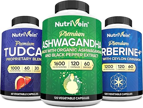 Nutrivein Paquete premium de suplementos TUDCA, berberina y Ashwagandha complejo de berberina de alta absorción, extracto de raíz de ashwagandha y