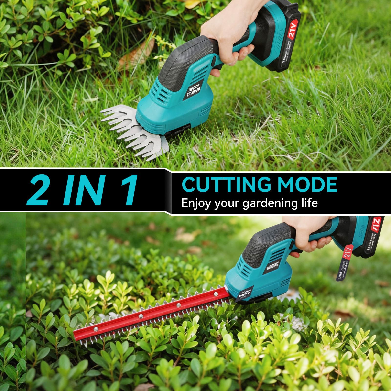 Taille-Haie sans Fil 600W, 2 Lames, 2 Batteries 21V 2.0Ah, Jardin