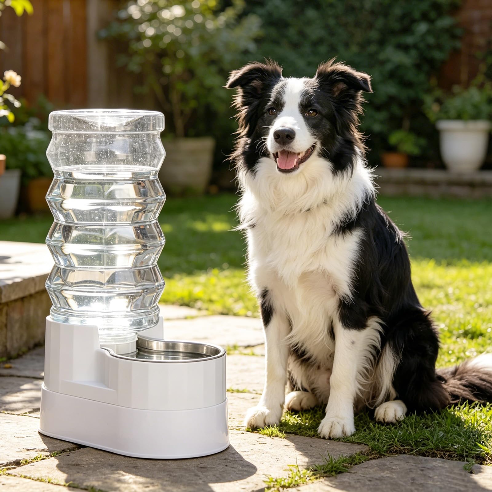 RIZZARI Dispensador elevado de agua para perros de acero inoxidable de 9 litros, bebedero automático por gravedad con diseño de hidratación filtrada, altura cómoda para beber para perros grandes y