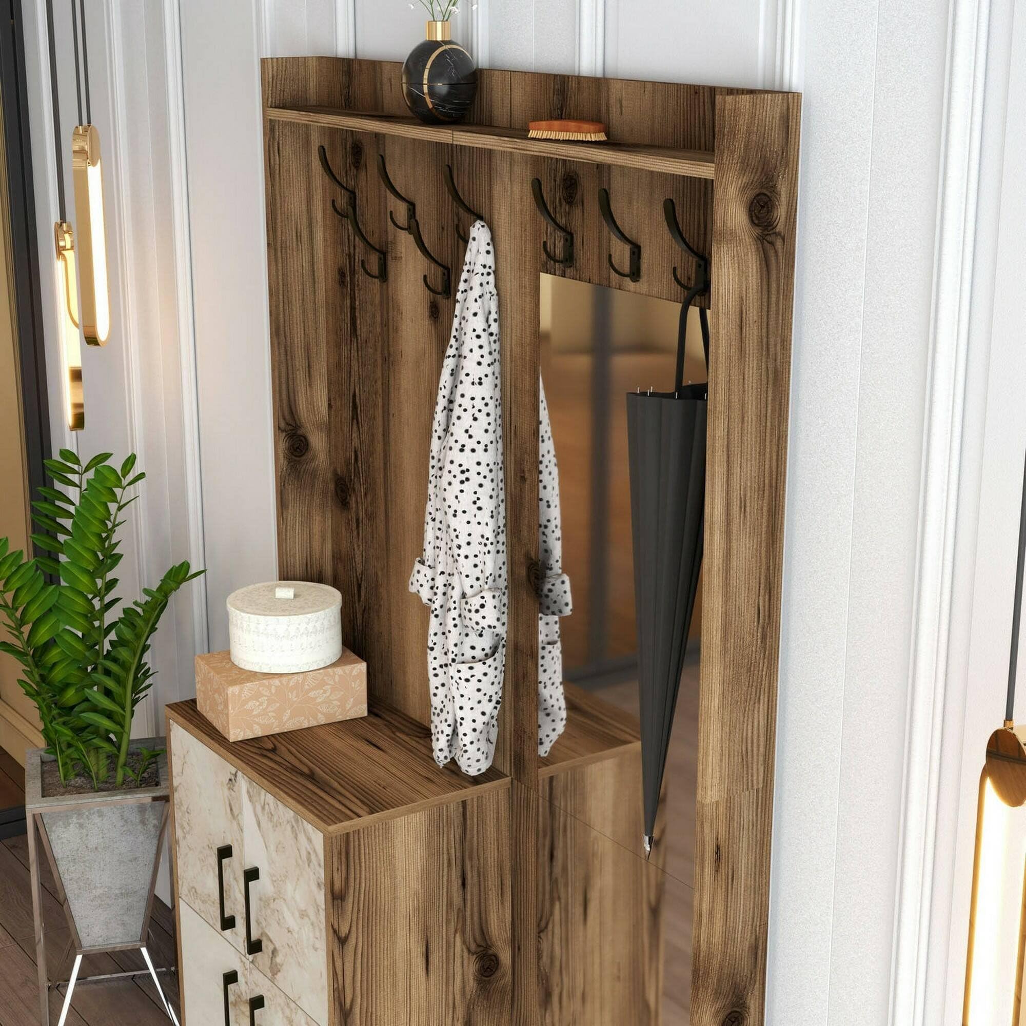 Dmora - Mobile da ingresso Pollux, Entratina appendiabiti, Composizione per atrio, Consolle portaoggetti multifunzione, 120x35h200 cm, Noce e Bianco