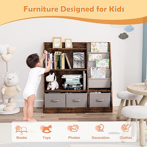 Miniatura 150 de Estantería de madera rosa de 4 niveles para niños, estantería de 5 capas, estante para libros de almacenamiento para bebés, organizador de juguetes