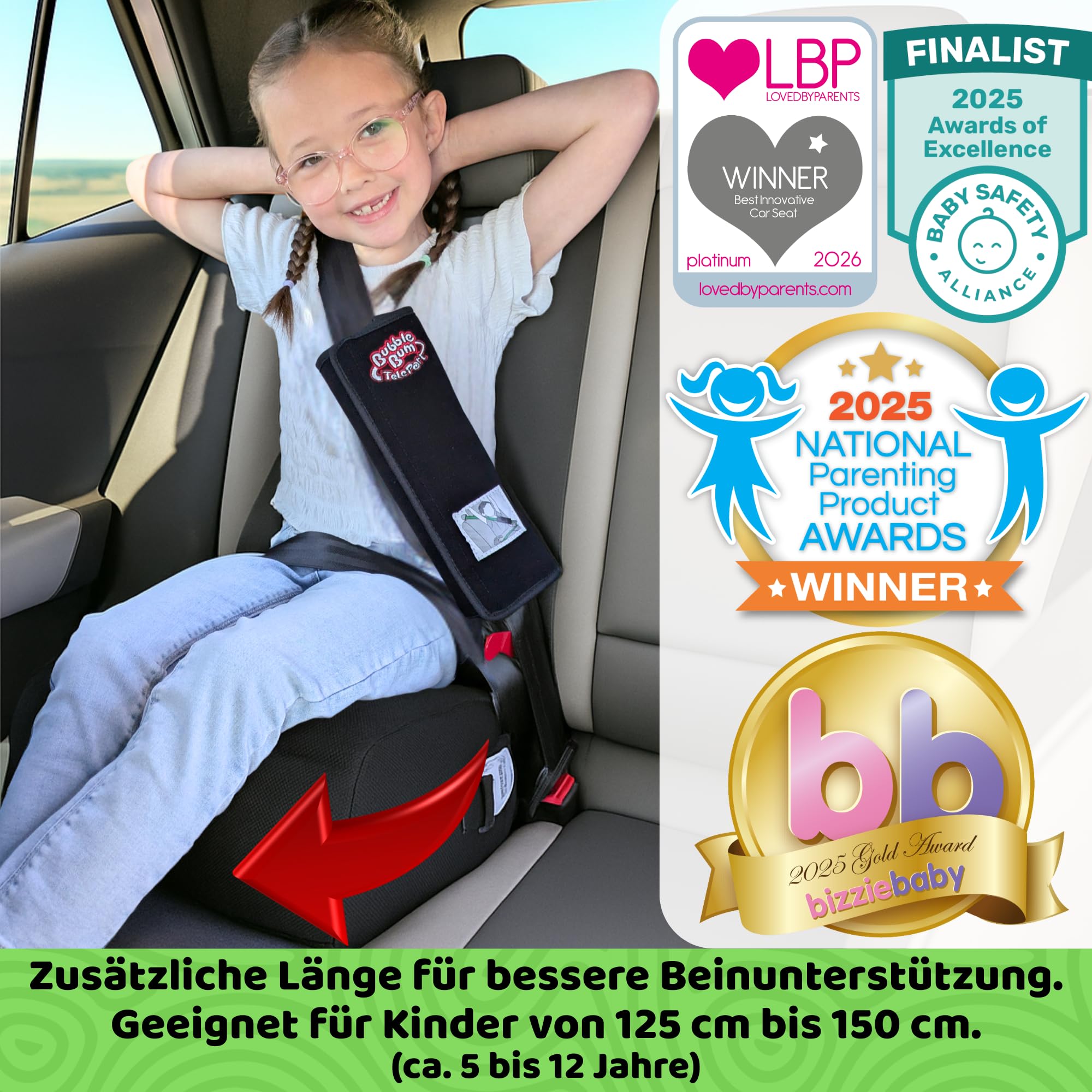BubbleBum Teleport Reise Kindersitz i-Size R129 Sitzerhöhung für Kinder 125-150cm Faltbar Tragbar Schwarz