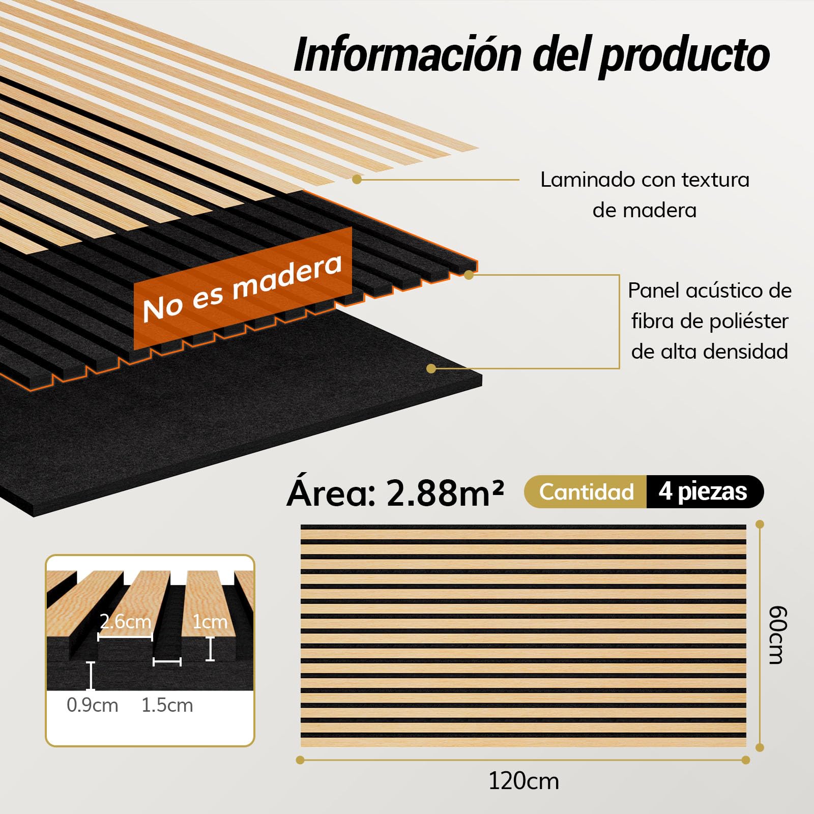 TONOR Lote de 4 Paneles acústicos autoadhesivos en Chapa de Madera, 120 x 60 x 1,9 cm (2,88 m²), Paneles murales 3D, Aspecto Madera para decoración de Paredes, Oficina, salón, Roble