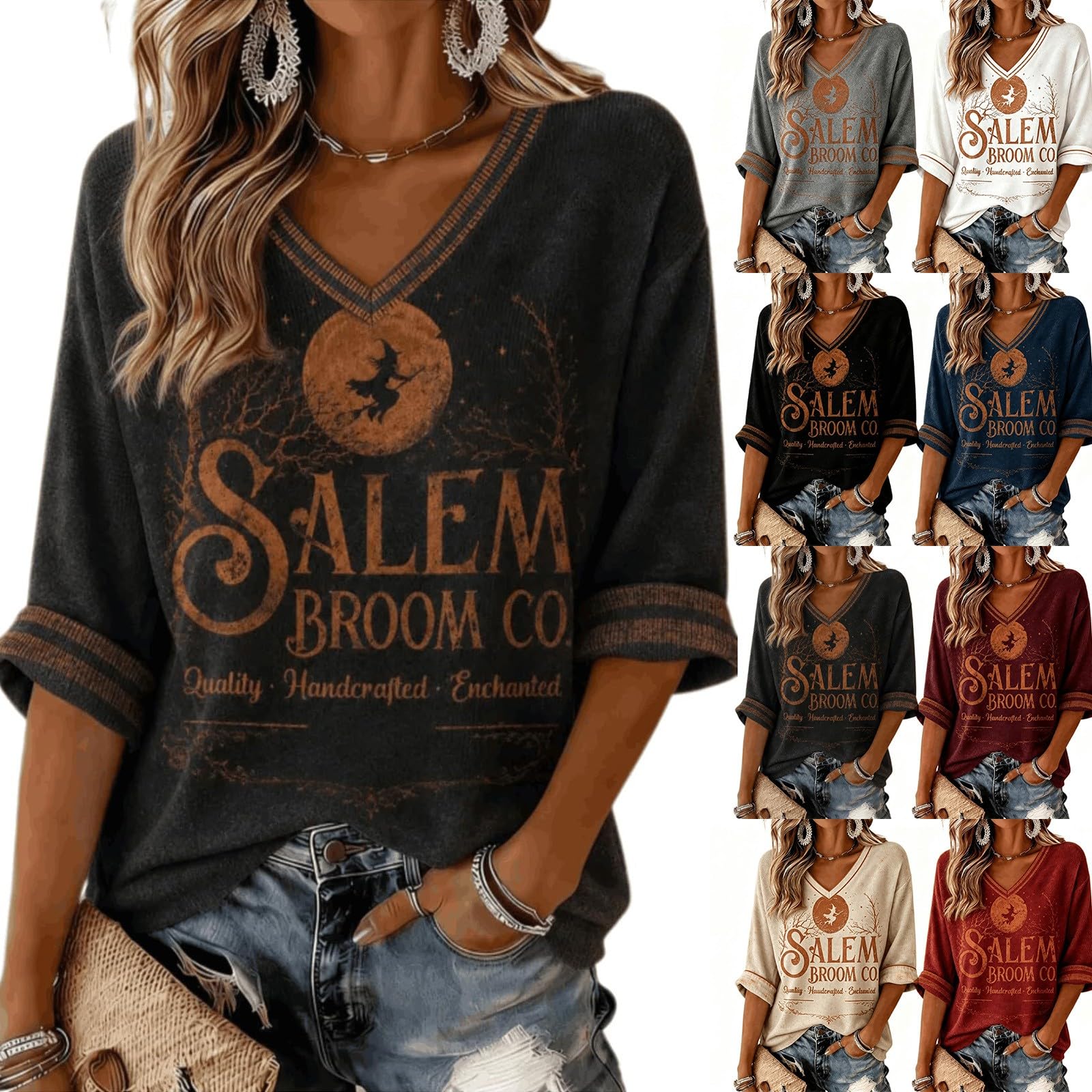 Salem Broom Co Halloween Shirts Women 3/4 Sleeve Vintage Witch Tops Black — image 1