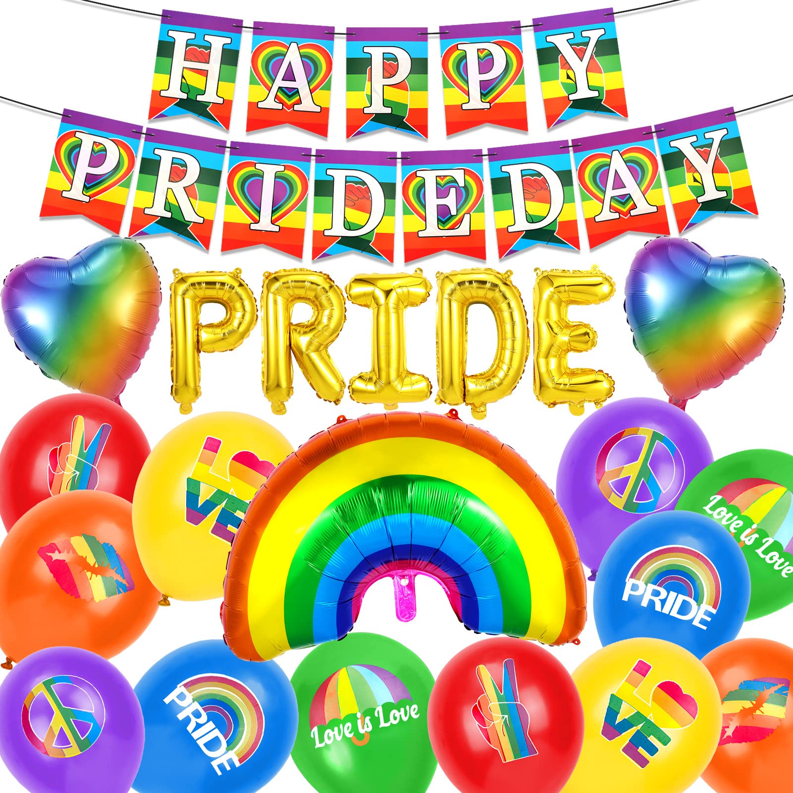 HOWAF Gay Pride Decorations, LGBT Gay Pride Balloons Rainbow Balloons Happy Pride Day Banner Gay Pride Bunting Rainbow Flag Pride Flag Bunting Rainbow Pride Decorations for LGBTQ Gay Pride Accessories