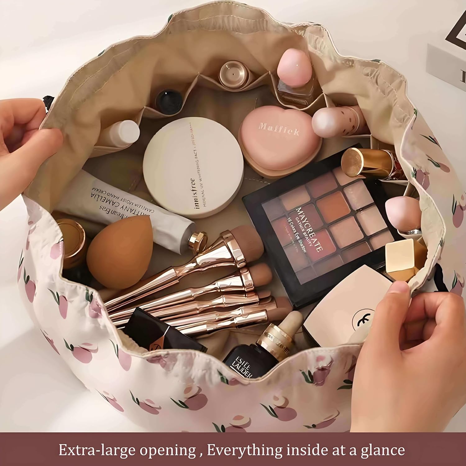 Large Capacity Drawstring Makeup Bag - Lightweight Oxford Fabric Cosmetic Organizer with Fruit Print, Travel Toiletry Pouch for Women & Beauty Lovers (Portable, Effortless Storage)(Peach powder) - Image 3