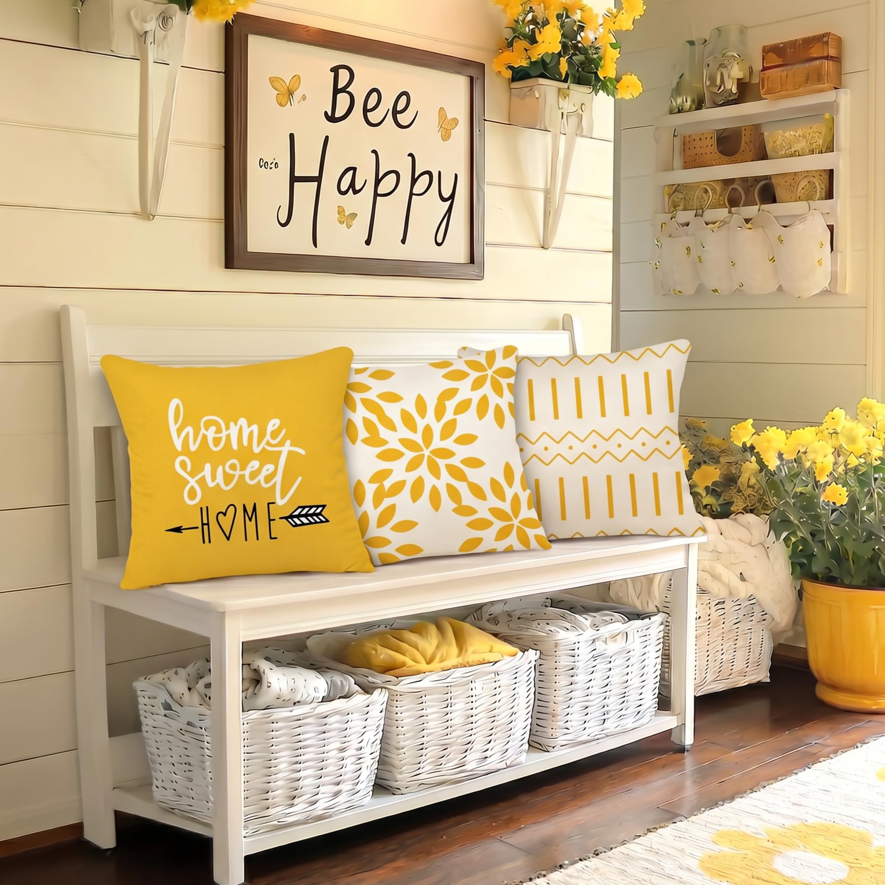 YCOLL Fundas de Cojín, Funda de Almohada del Sofá Throw Cojín Decoración Almohada Funda de Almohada de Lino de la Cubierta Decorativo para Sala de Estar Sofás 55 x 55cm Juego de 4 (Amarillo)
