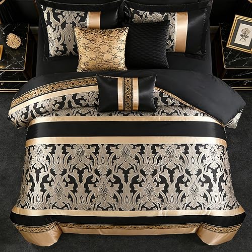 Miniatura 3 de SahSahCasa Juego de edredón de lujo de 7 piezas, color negro y dorado, juego de ropa de cama de jacquard sedoso con falda de cama, almohadas