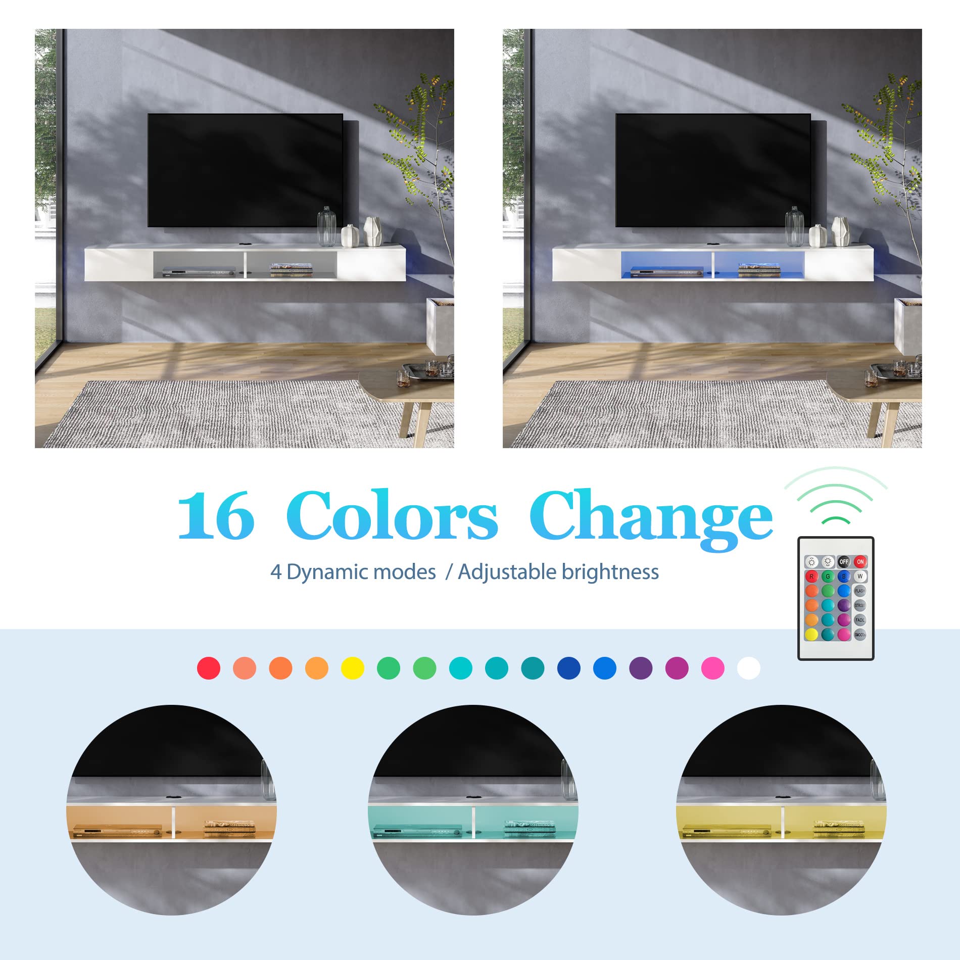 WAMPAT TV Stand with LED Lights for 65/70/75 Inch TVs, Entertainment Center Media Console, Wall Mounted Shelf Under TV Cabinet with Storage for Living Room and Bedroom, White