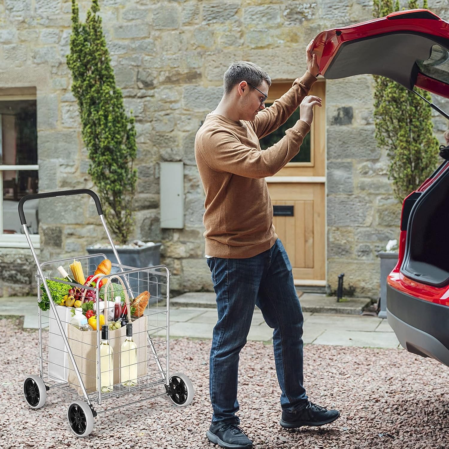 GYMAX Carrito Plegable 83 L, Carrito Multiusos Resistente con Asa y Ruedas Grandes, Carrito Versátil con Cesta de Metal para Almacenes, Supermercados y Lavandería (Plata)