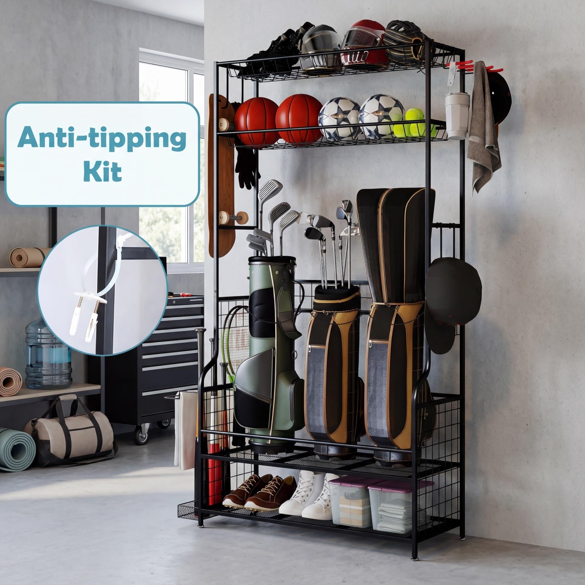 LIFEZEAL Organizzatore di attrezzature sportive, carrello di immagazzinaggio di palline con 4 ganci, 3 supporti per borse da golf, scaffalature di stoccaggio, rotella a 360°, per riporre giocattoli