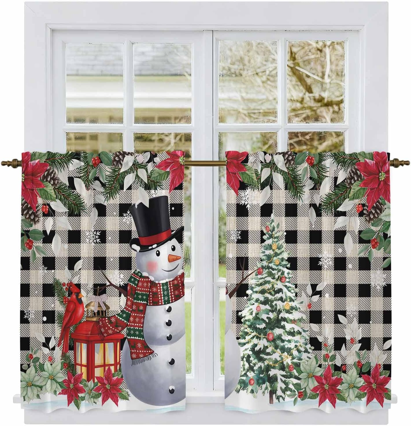 Christmas Snowman Kitchen Tier Curtains 45 Inch Long 2 Panel Set,Rod Pocket Short Window Treatment,Rustic Xmas Tree Poinsettia Black Plaid Curtains & Drapes for Bathroom Basement 27.5"W x 45"L