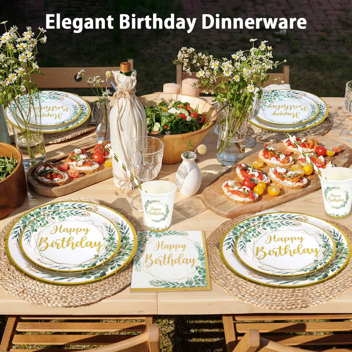 AINIUNIU 40 pièces Sauge Vert Eucalyptus Anniversaire Assiette Decoration, Happy Birthday Deco, Vaisselle de Fête Assiette Papier Serviette pour Decoration Anniversaire Baby Shower (10 Invités