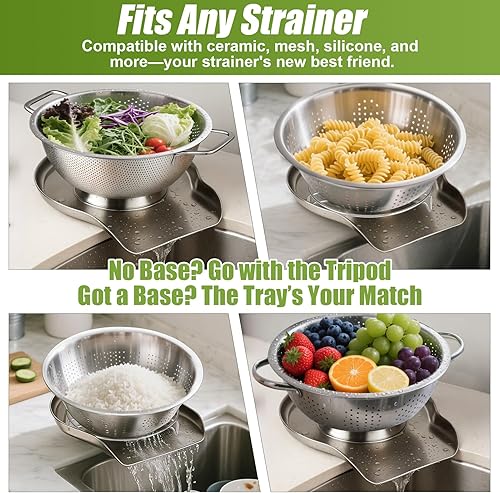 Miniatura 5 de Palksky Colador y colador autodescurridor de acero inoxidable para cocina, bandeja de drenaje de encimera de metal para pasta, arroz, fideos,