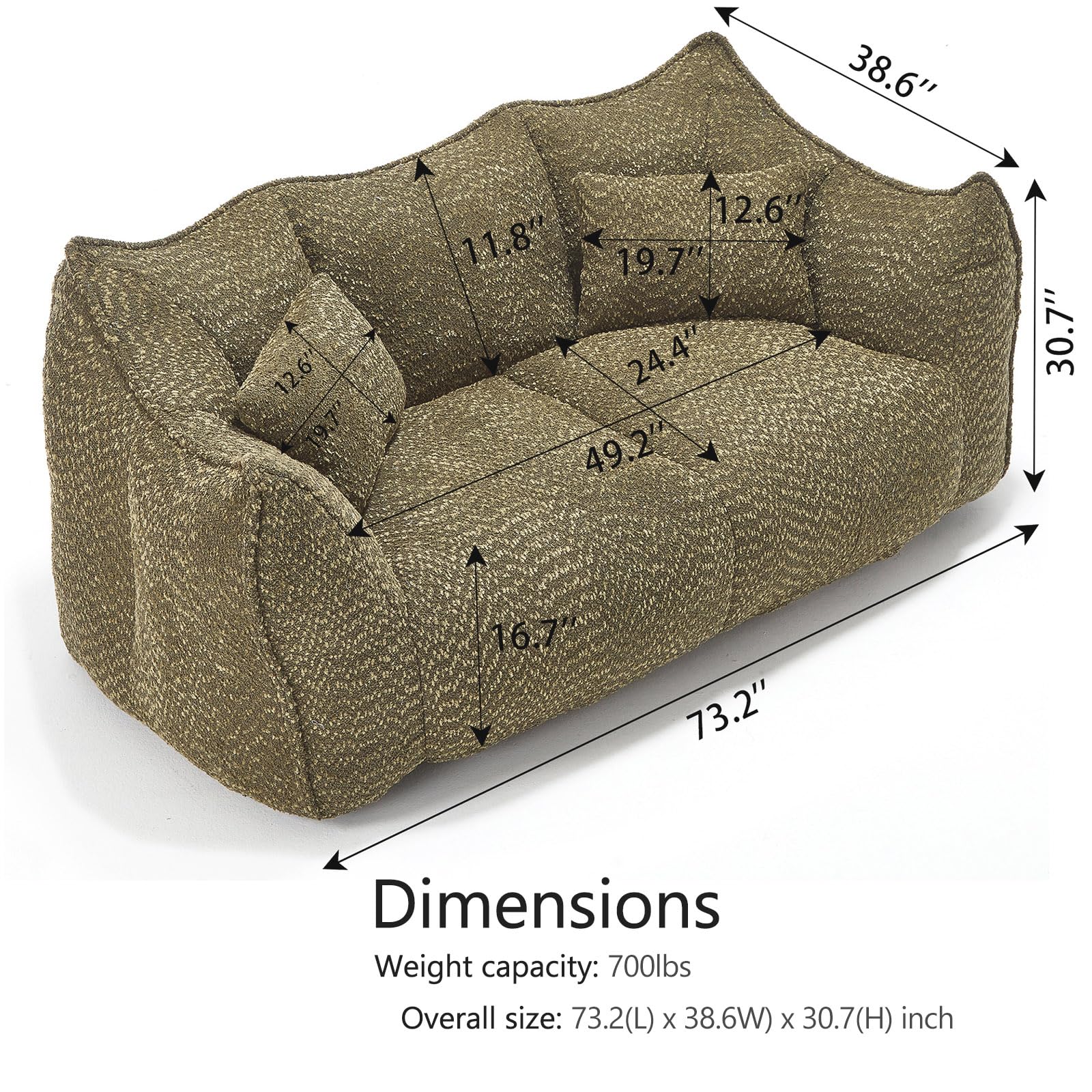 Giant Bean Bag Sofa Chairs Loveseat for Adults, Oversized Bean Bag Couch, Memory Foam Filled Floor Lounge Chair, Lazy Floor Sofa Chair with Two Pillows for Living Room, Bedroom, Apartment (Green)