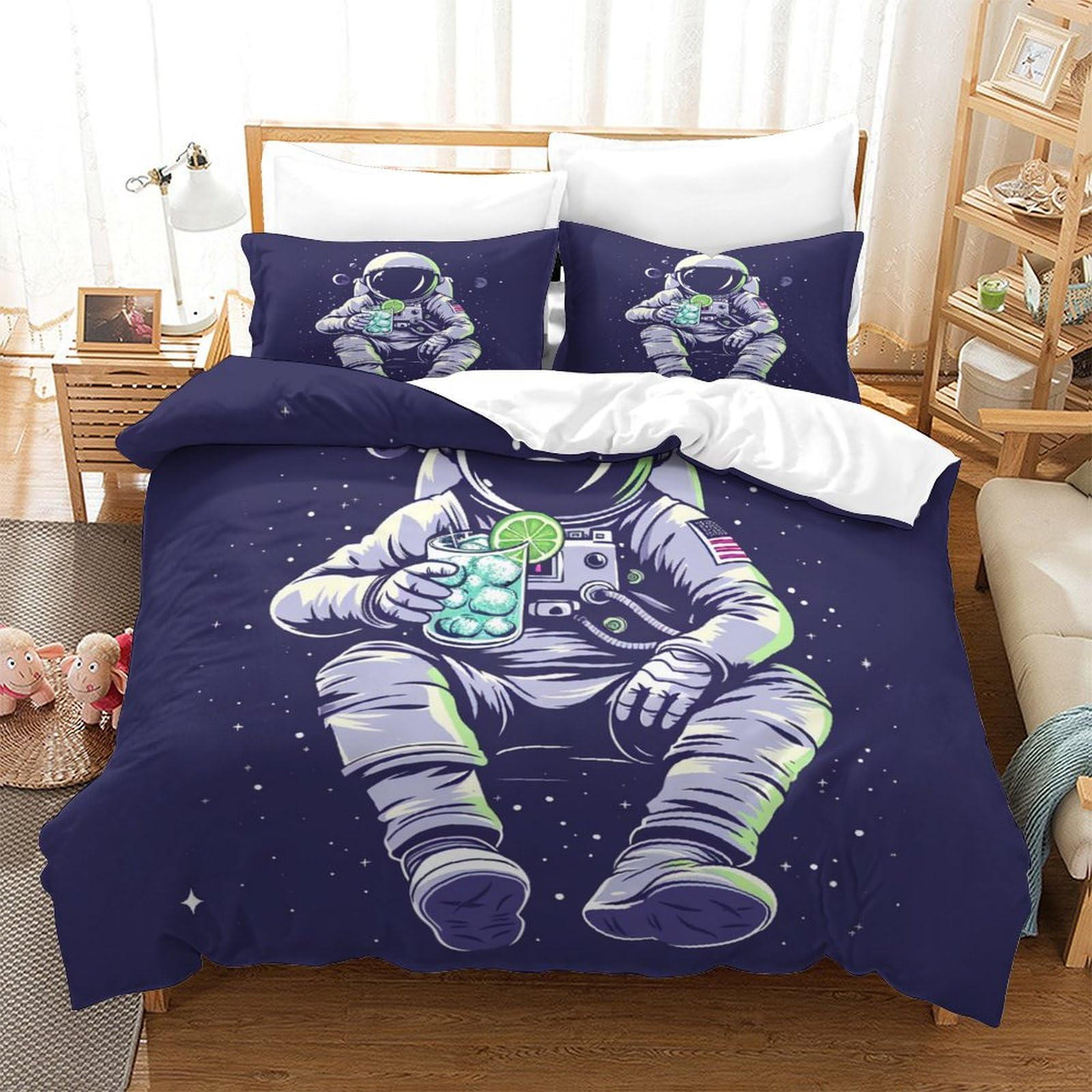 FJLZSHNBAstronaut for Bedroom 3D Digital PrintSpace Suit Duvet Cover Duvet Cover Duvet Cover Bed Linen Set with Zipper Microfiber Zipper And Pillowcase 3 Pieces Single（140x200cm）