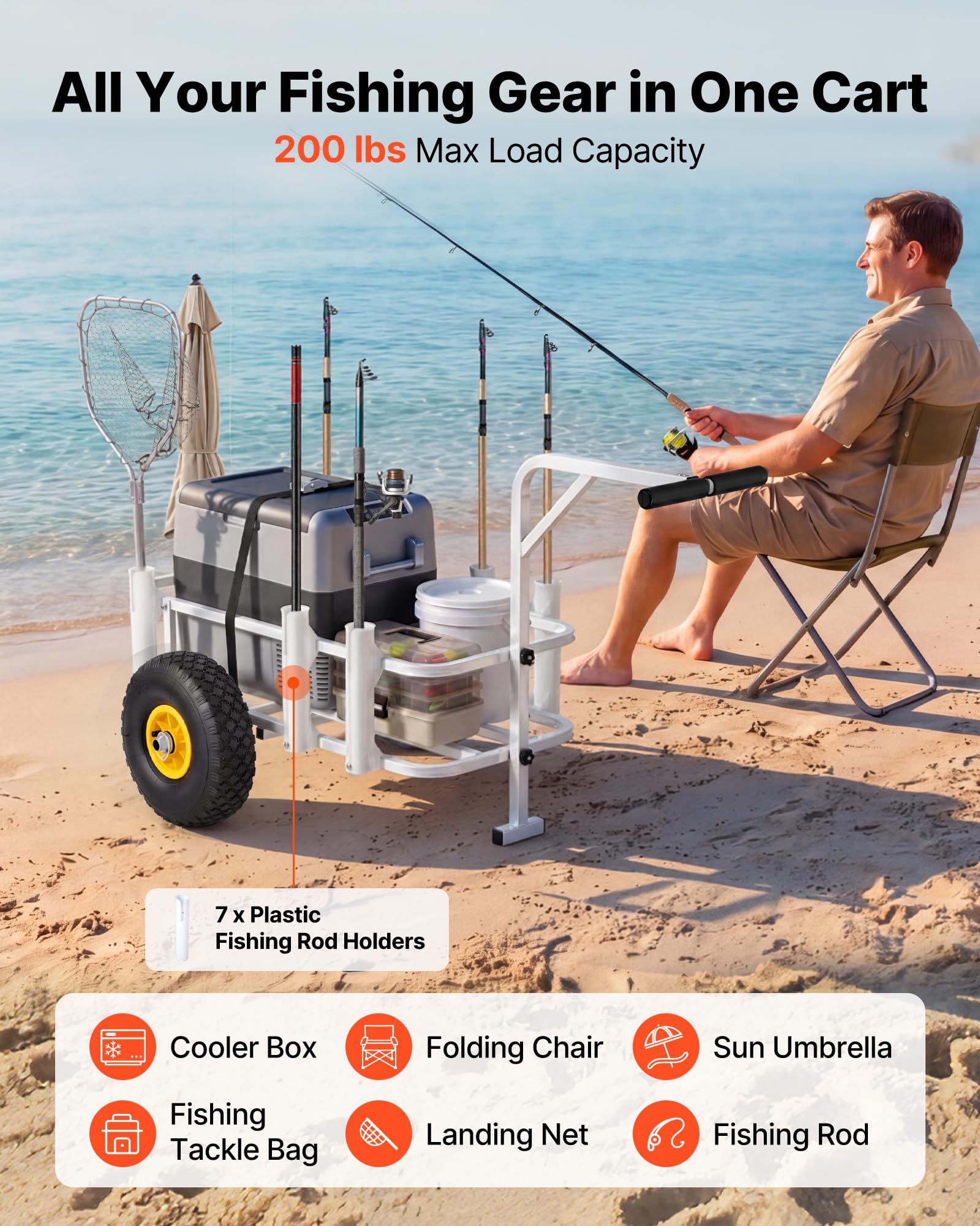 VEVOR Angelwagen Faltbar, 90,7kg Belastbarer Bollerwagen mit Gummireifen, Transportwagen aus Kohlenstoffstahl mit 7 PP-Rutenhaltern, Multifunktionale Transportkarre für Angeln Camping Strand Outdoor