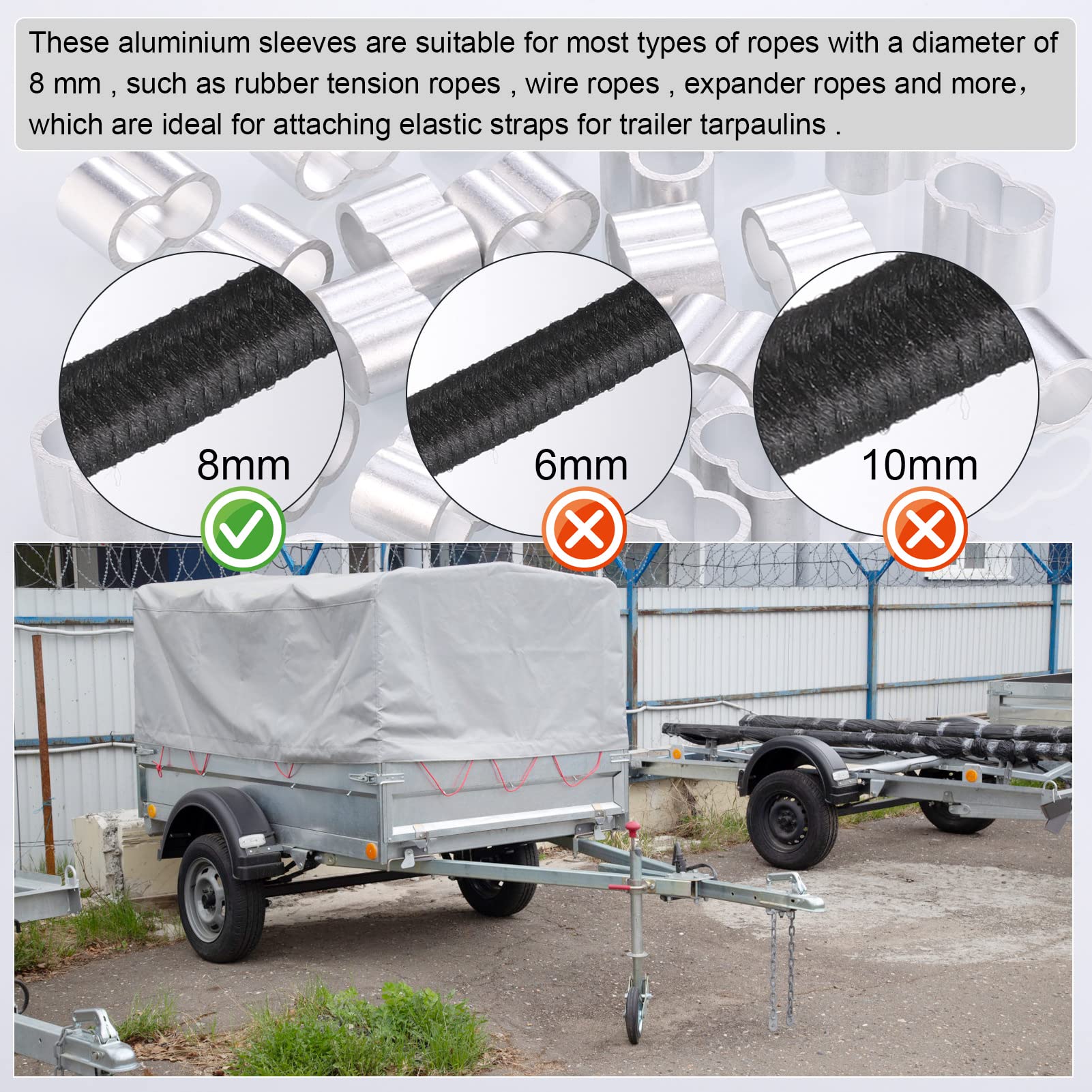 30 sztuk aluminiowych pętli zaciskowych, zaciski kostne, podwójne tuleje do zacisków linowych i tulejek zaciskowych 8,5 mm, zaciski zaciskowe do linki gumowej, linki plandekowej, nierdzewne i wytrzymałe zaciski linowe tuleje zaciskowe