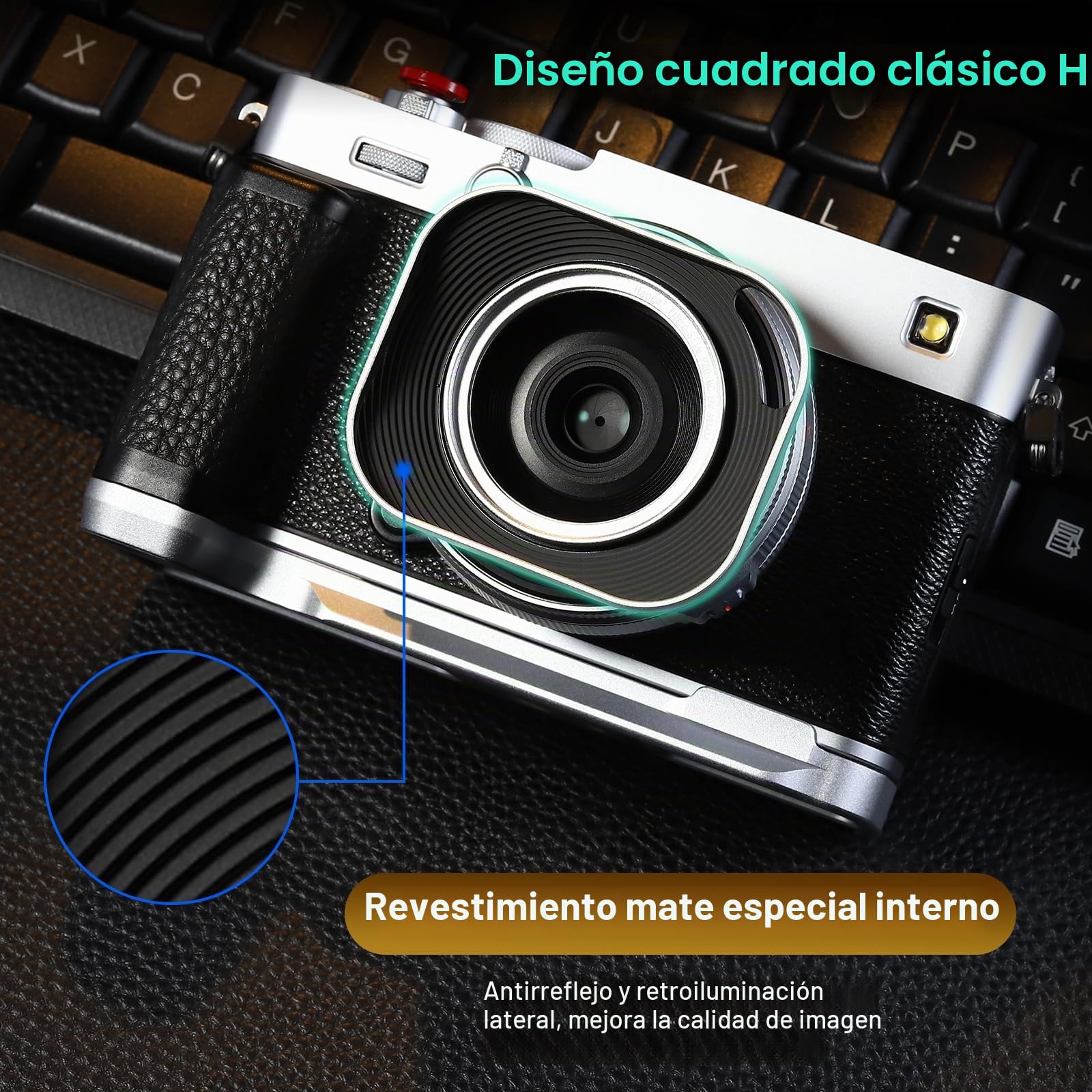 Haoge Parasol de lente de 39 mm para Fujifilm xf23mm f2.8 Fujinon XF27mmF2.8 R WR WR parasol plateado, cuadrado de metal con tapa de metal, en cuerpo de cámara XE5 XT5 XM5 XT50