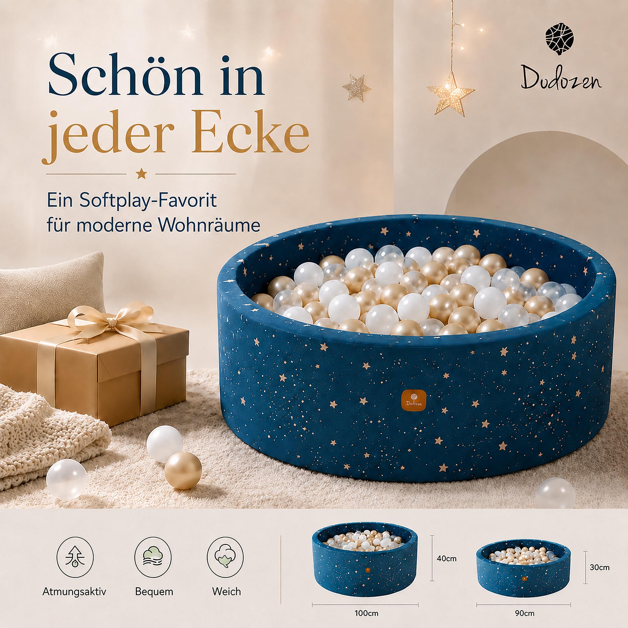 Bällebad 90X30cm/200 Bälle ∅ 7Cm Bällepool Für Babys Kinder Rund,Superweicher Samt,Abnehmbar und waschbar,Nachthimmel:Weiß/Transparent/Gold
