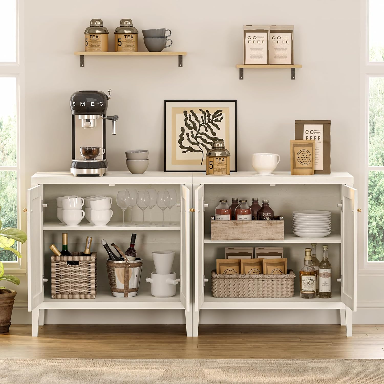 EYYTHUNG Sideboard Buffet Cabinets with Adjusable Shelves, Farmhouse Storage Cabinet, Credenza, Accent Cabinet, Kitchen Coffee Bar Console Table for Living Dining Room, Antique White