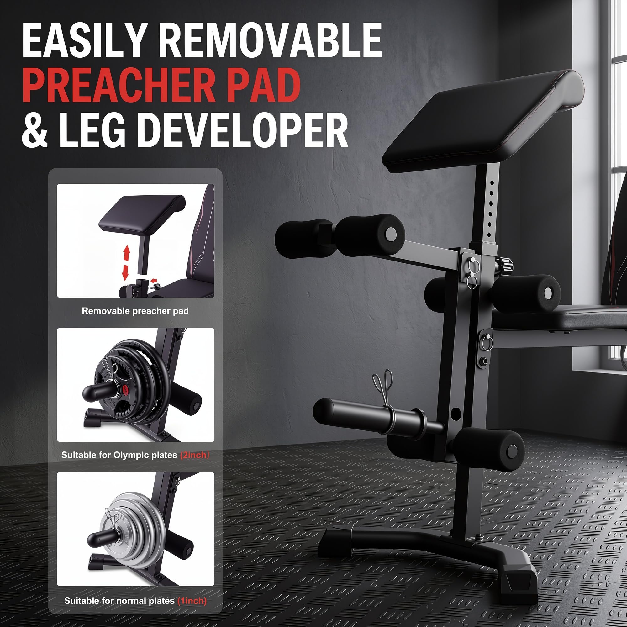 Adjustable Weight Bench for Home Gym | 800 LBS Capacity, Foldable Workout Bench with Leg Extension & Back Extension, Preacher Curl Bench for Full Body Training