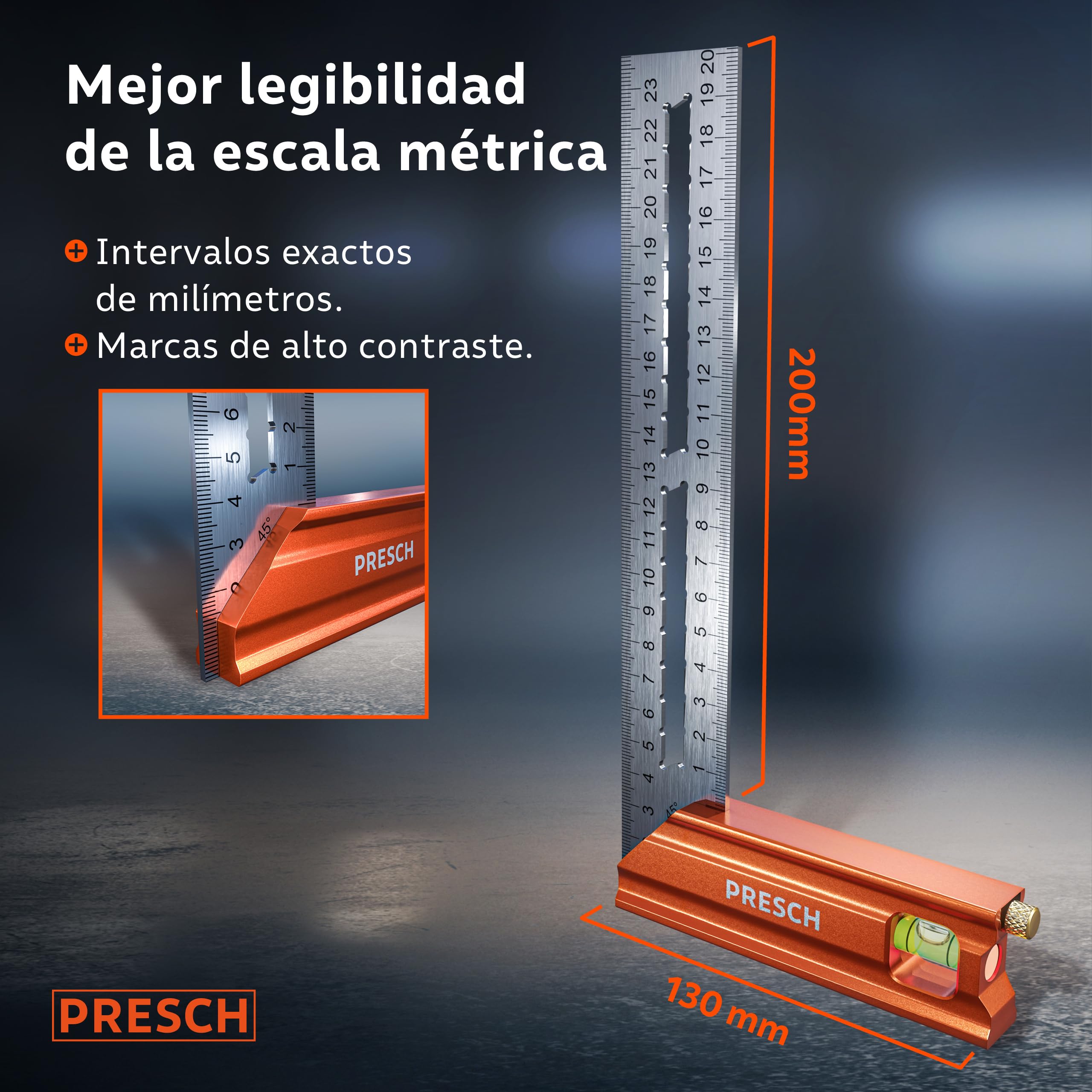 Presch Escuadra de carpintero 200mm - Pequeño - Incluye regla de trazado (20cm), nivel de burbuja y punzón de marcado - 90° y 45° - Regla Carpintero, Escuadra albañil, Escuadra con tope