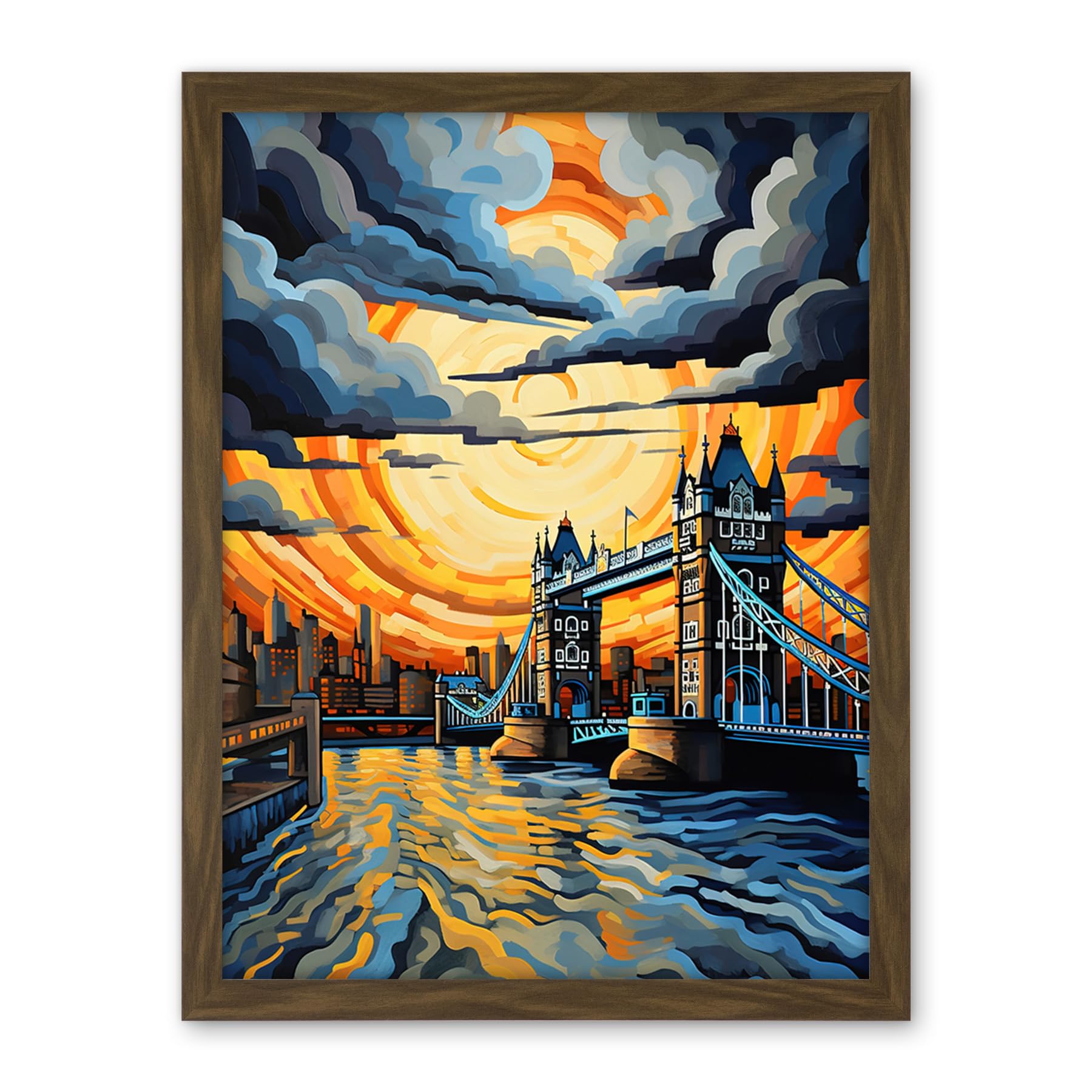 Artery8 London Tower Bridge Dramatic Sunset Vibrant Artwork Blue Orange River Thames England Cloudy Sky Artwork Framed Wall Art Print 18X24 Inch