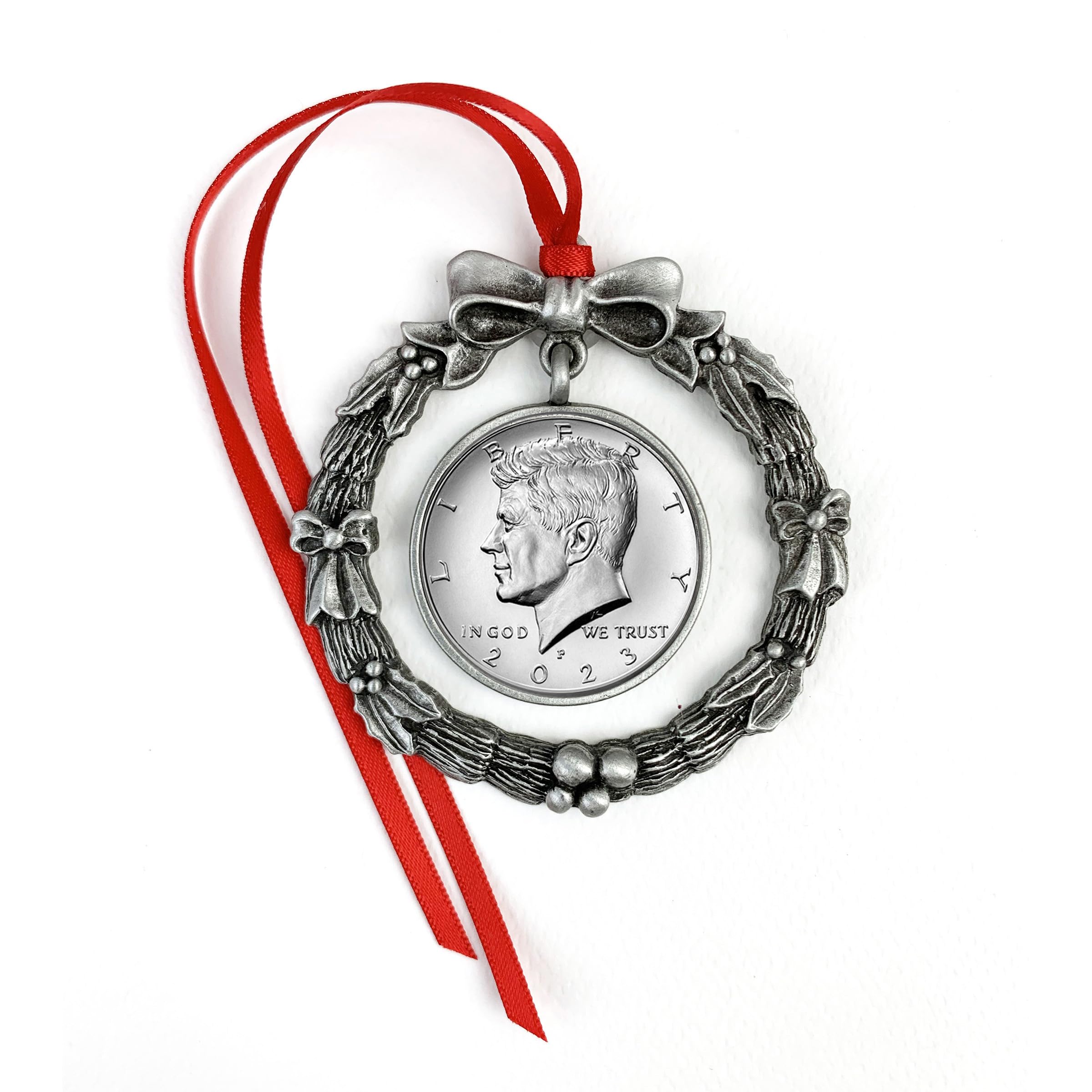 Coin Wreath Silvertone Pewter Ornament | JFK 2023 Half Dollar | Certificate of Authenticity