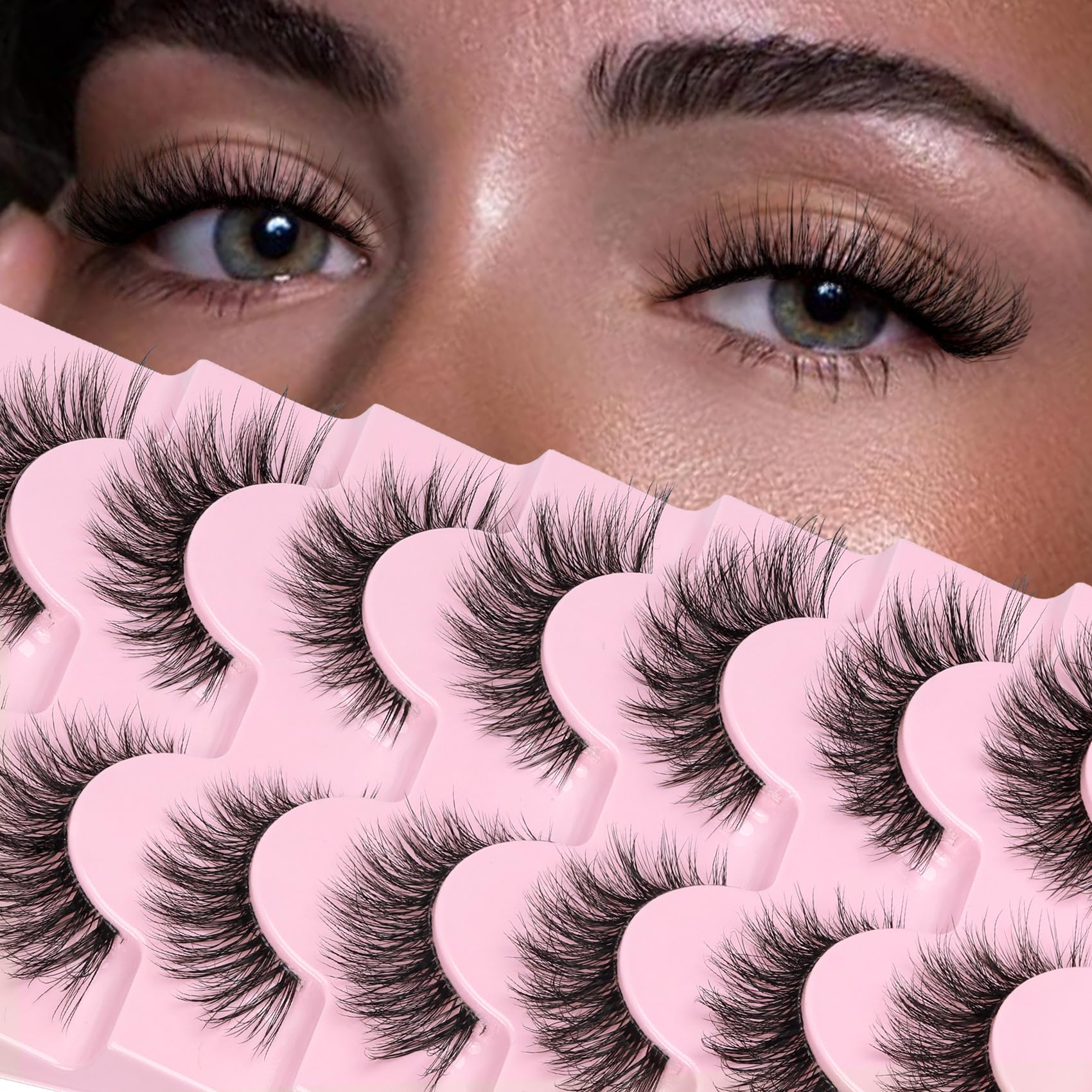 Veleasha Natural Lashes Fluffy Eyelashes Cat Eye Lashes 7 Pairs 8-15mm Clear Band False Eyelashes C Curl Wispy Faux Mink Lashes Soft 100% Handmade Fake Eyelashes (C01)
