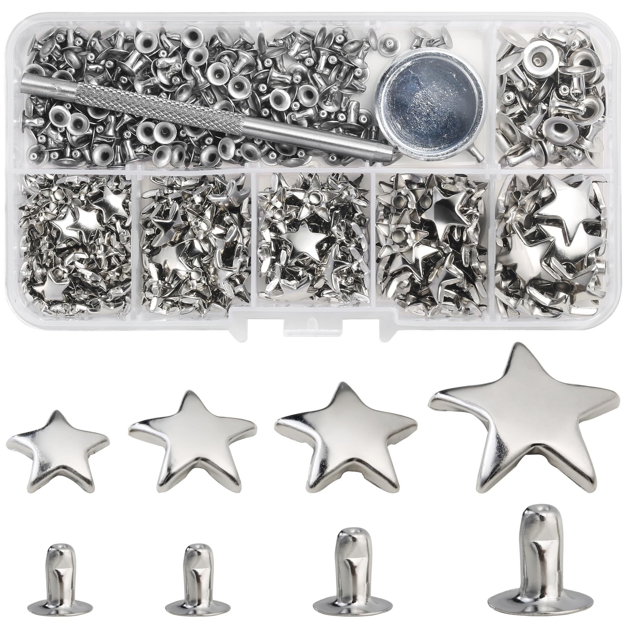YORANYO 200 Sets Leather Rivets Kit Mixed Sizes Rivets for Leather Star Studs for Clothing Fabric Silver Rivets with Leather Crafting Rivet Tool for Repair Decorate Jackets Shoes Bags Belts Purse