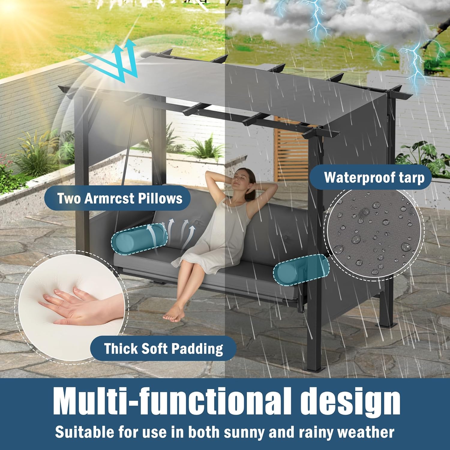 Grepatio Outdoor Porch Swing with Stand and Adjustable Canopy, 2-in-1 Convertible Porch Swing Bed, 3 Seat Swings for Adults, Large 3 Person Swings Chair with Cushions and 2 Pillow for Garden Yard