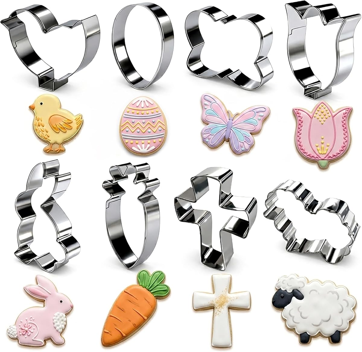 Juego de 8 piezas para cortar galletas - Formas de animales y primavera de acero inoxidable (conejo, pollito, mariposa, flor, oveja/nube, huevo, zanahoria, cruz) - Juego para hornear para fiestas, vacaciones y manualidades de bricolaje
