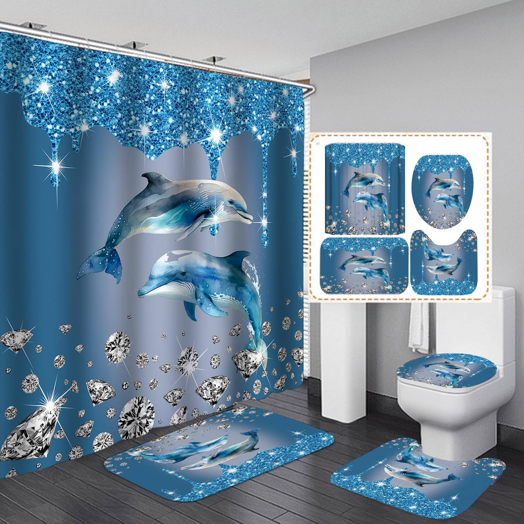 BIPOOBEE 4PCS Diamond Dolphin Shower Curtain Bathroom Set with Rugs, Toilet Lid Cover and Bath Mat, Blue Shower Curtain with 12 Hooks for Bathroom