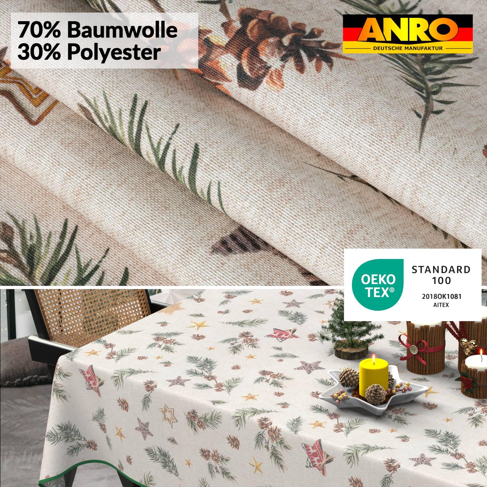 ANRO Tischdecke abwaschbar Weihnachten Stern mit Saum oval 180x140 cm
