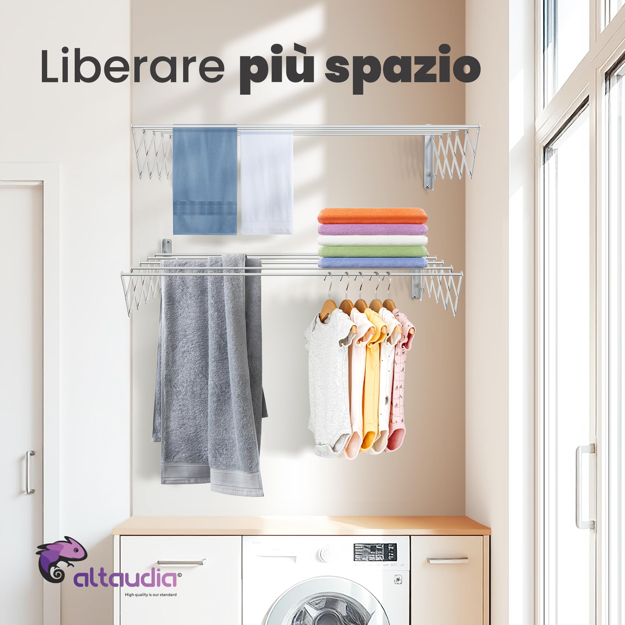 Stendibiancheria da Muro Richiudibile 120cm Antiossidante - 5 Tubi in Alluminio, Estensibile 12–80 cm, Montaggio a Parete Interno/Esterno, Salvaspazio, Installazione Facile
