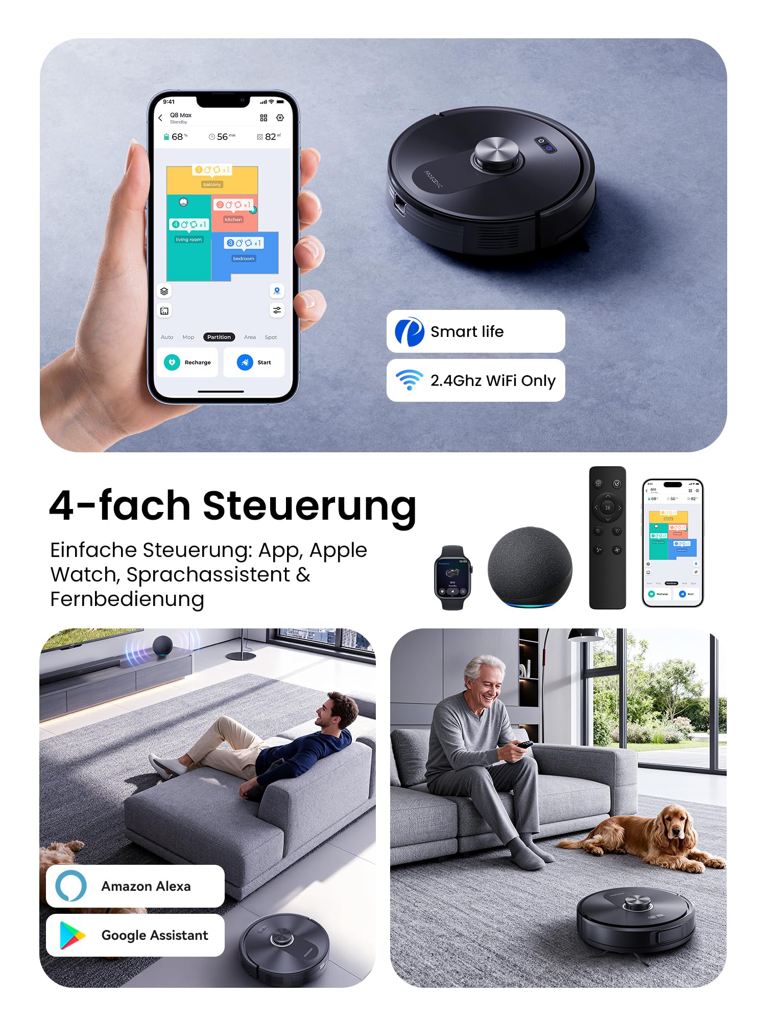 Proscenic Q10+ Saugroboter mit Wischfunktion, 10000Pa 200Min Staubsauger Roboter, Intelligentes Laser Navigation mit 5 Karten, Smarte Steuerung via App, Alexa & Siri Apple Watch, Hartböden, Teppichen