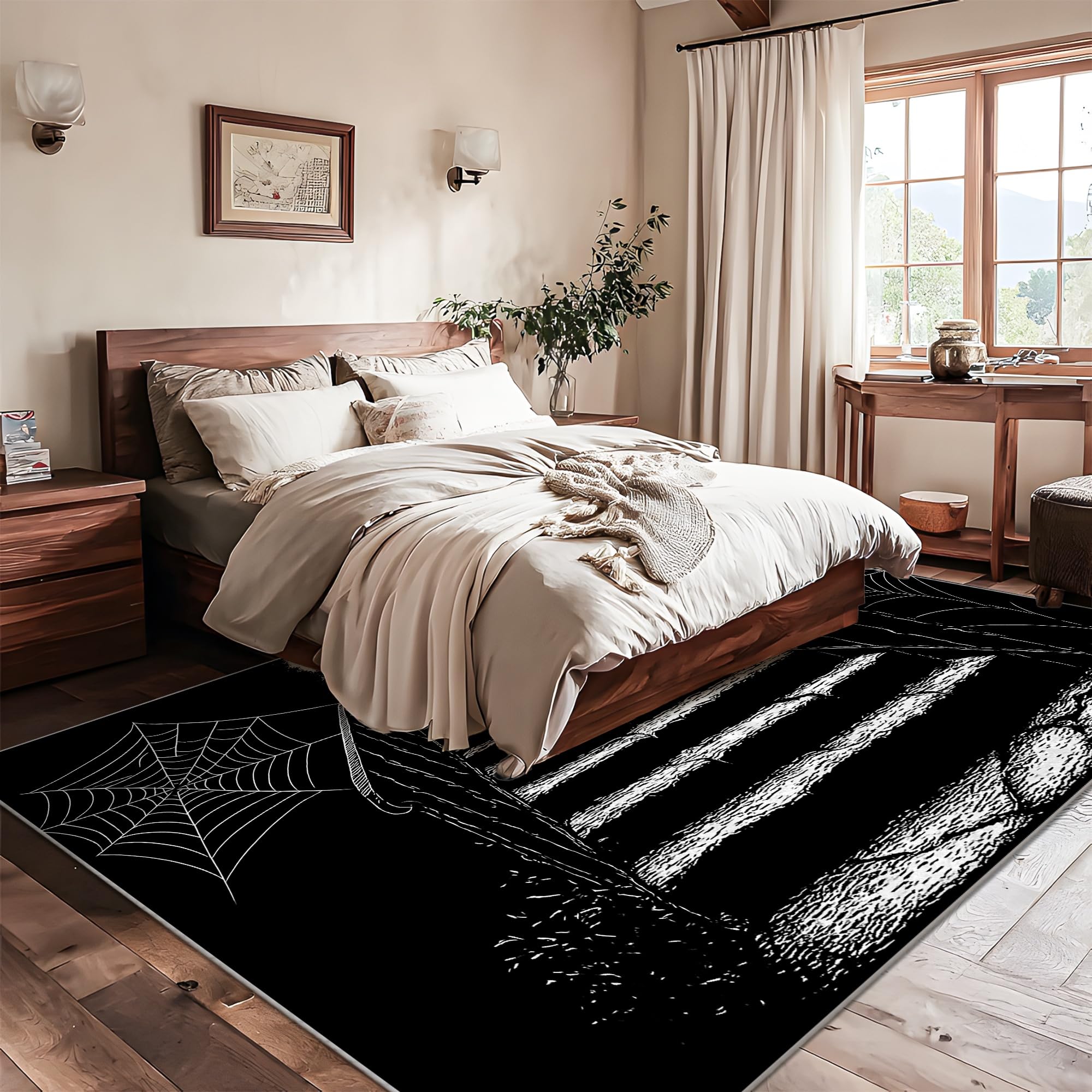Tappeto a ragnatela di Halloween, stile gotico, scale, cancello, Halloween, nero, a pelo basso, per casa, interni, non perde pelo, per soggiorno, camera da letto, sotto il tavolo, decorazione da