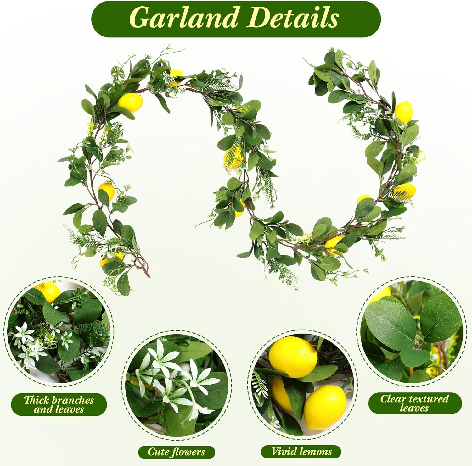 XunYee 6 ft Artificial Summer Lemon Garland with 30 Pcs 3 x 2 Inch Fake Lemons Greenery Fake Fruit Party Decoration for Home Front Wedding Shower Party Table