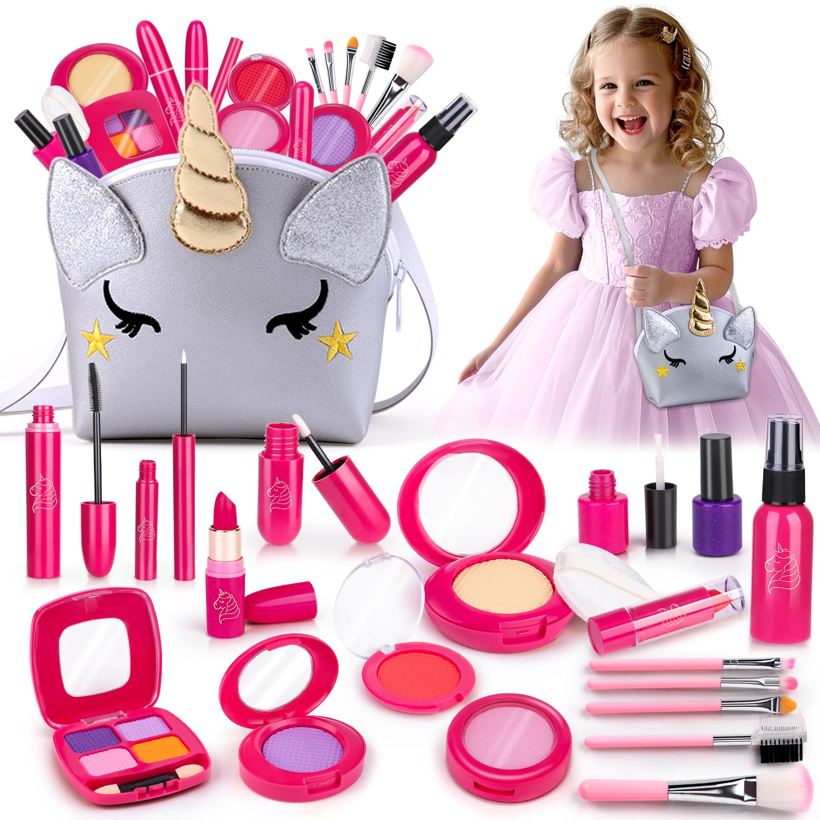 Pretend Makeup Sets for Girls, Children Fake Make Up Set for Little Girl, Kids Pretend Play Makeup Toys Presents, Little Girl Pretend Makeup Birthday Gifts for Age 3 4 5 6 7 Year Old