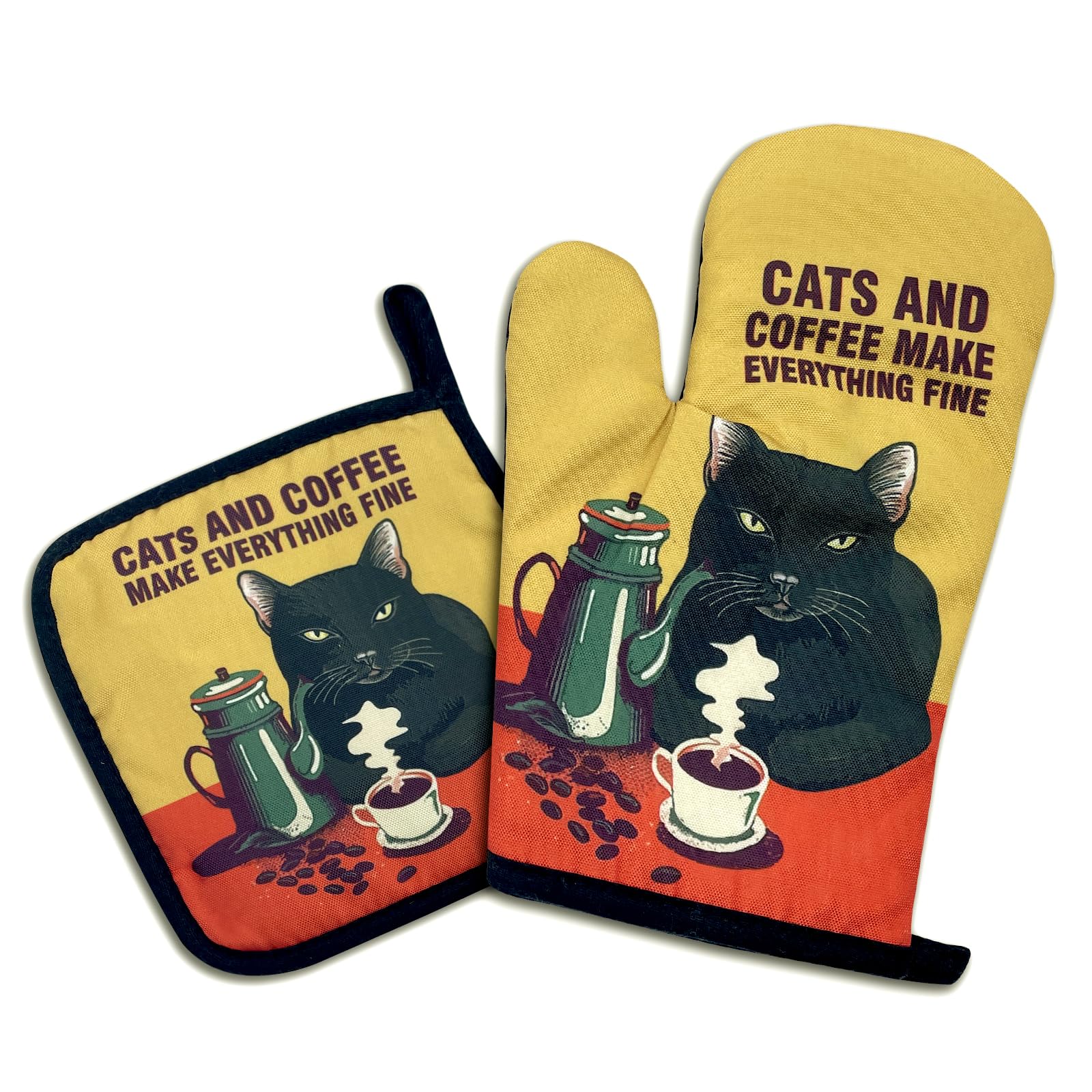 Cats and Coffee Make Everything Fine,Funny Oven Mitts and Pot Holders Sets of 2,Silicone Non-Slip Oven Mitts,Cooking Baking BBQ Gifts,Cat Oven Mitts,Cat Lover Gift