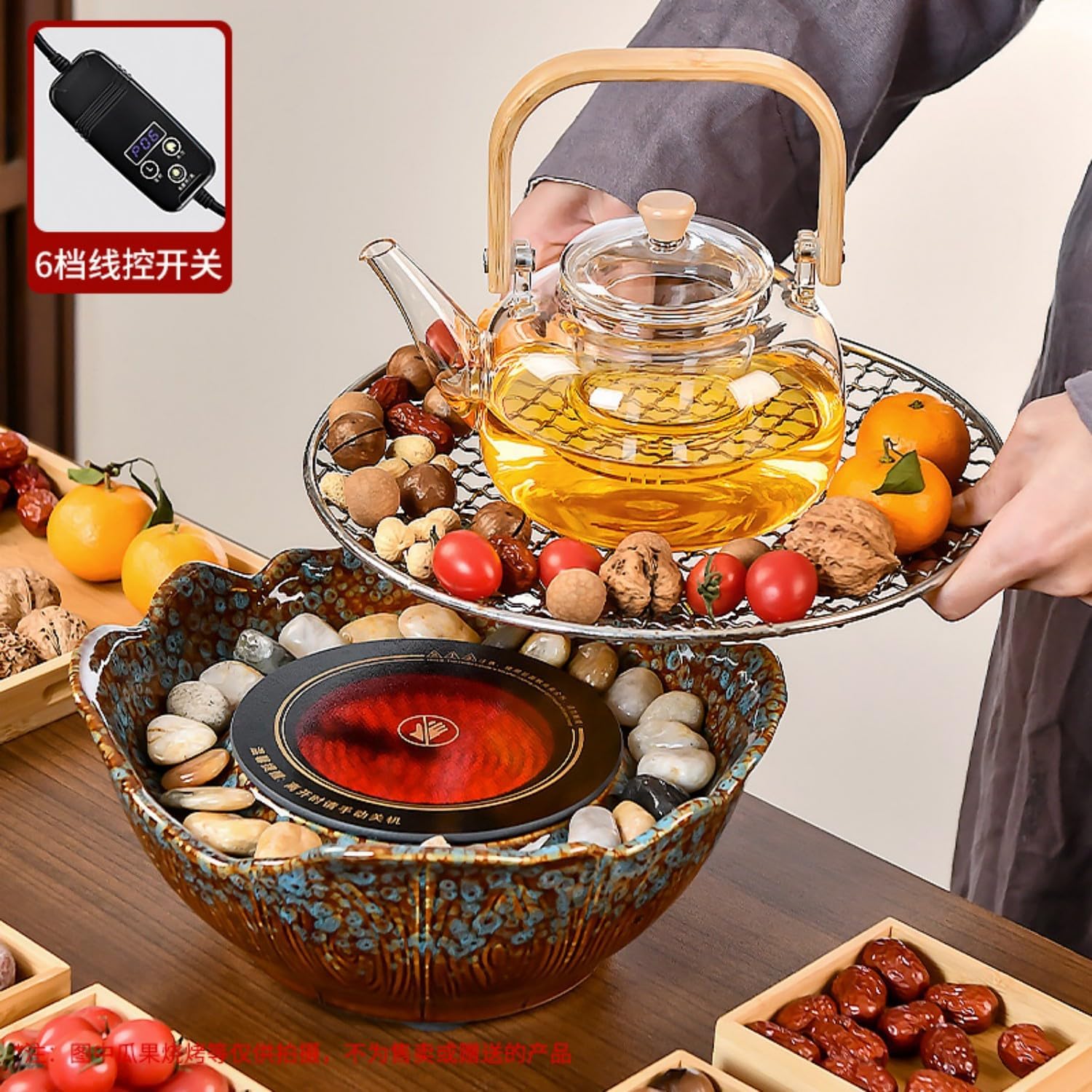 围炉煮茶家用室内煮茶炉套装2026新款款电 Ceramic Kung Fu Tea Set,teapot,Teacups,warming Wedding Birthday Gift,Tea Tray Chinese,Dishwasher Safe 雀蓝/线控+900提壶+烤网-1L以上