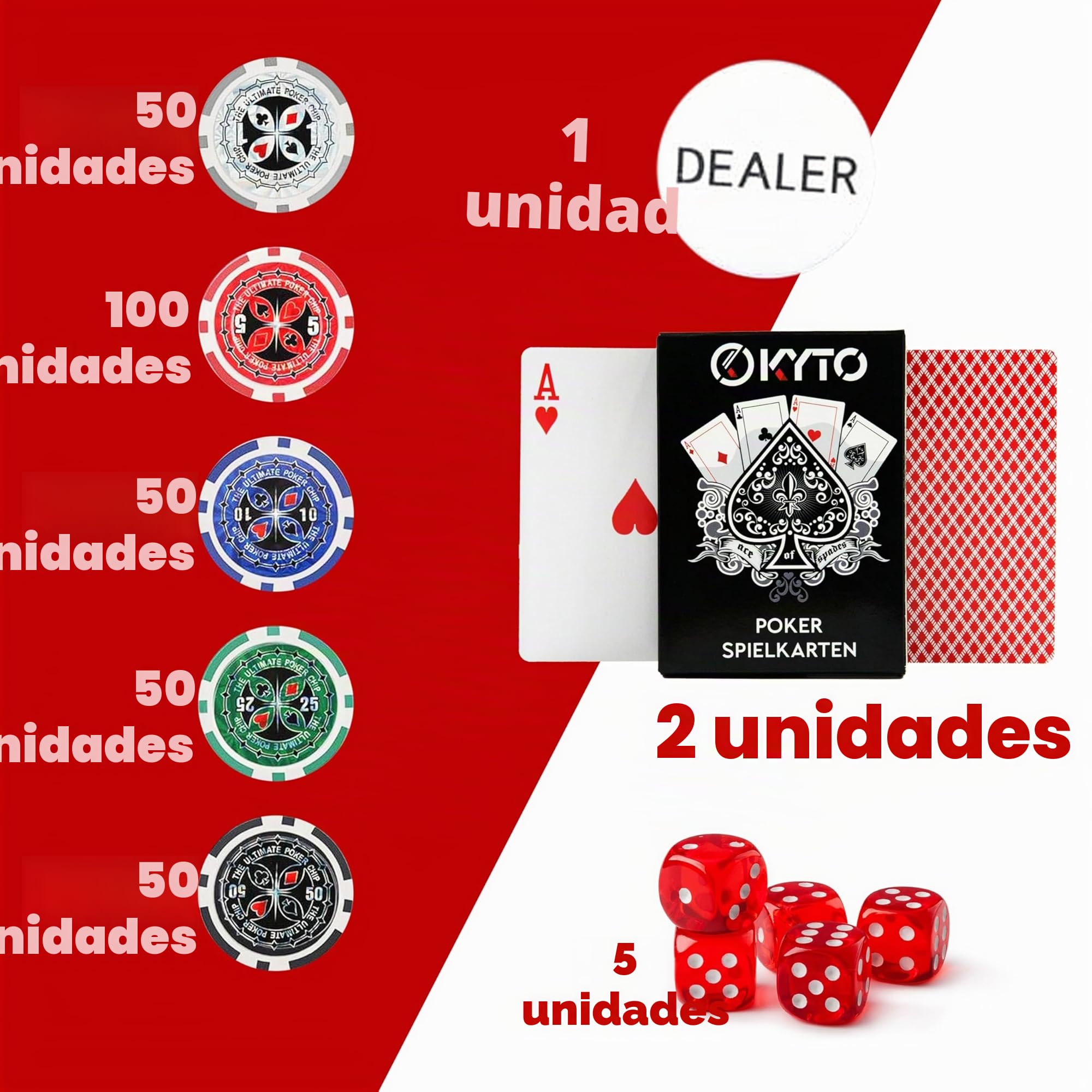 Juego de póquer 300 piezas Texas Holdem maletín fichas cartas alfombrilla Kyto