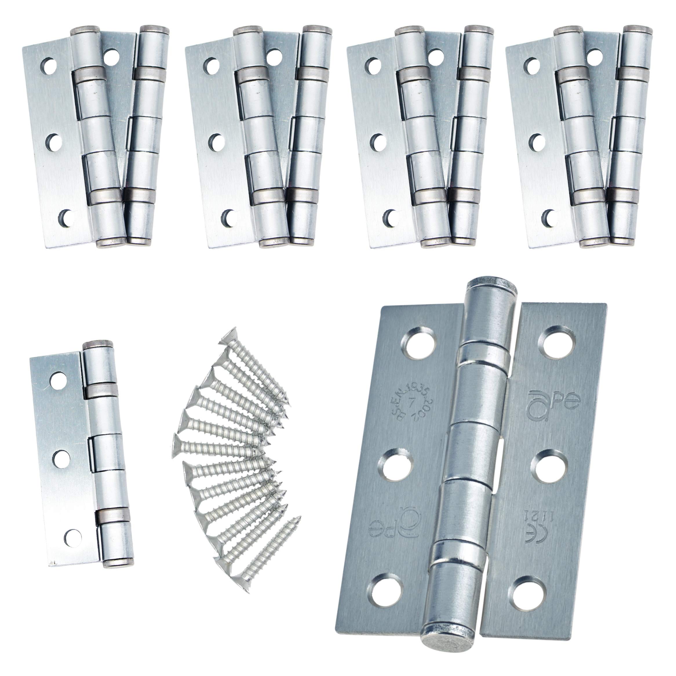 Eai Satin Chrome Door Hinges 3" 76Mm Ball Bearing 5 Pair Pack [10 Hinges & Screws]