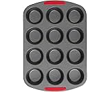 GoodCook MegaGrip 12-Cup Muffin Pan with Silicone Grip Handles Perfect for Cupcakes Durable Heavy-Gauge Steel Construction Scratch-Resistant Nonstick Coating, 15.5x10.5-Inch, Gray