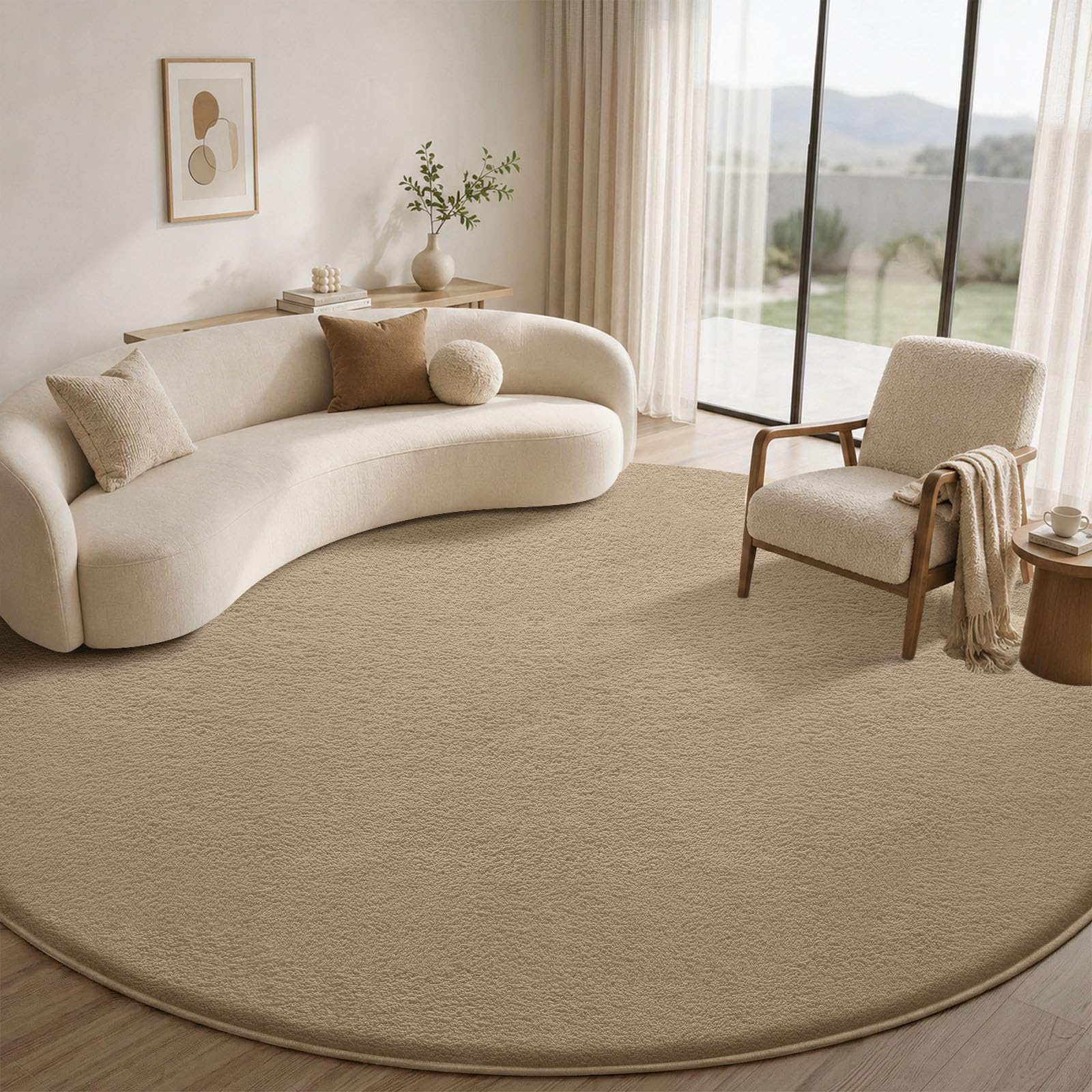 Sour Lemon Rugs Living Room 120cm Round, Dark Beige Shaggy Fluffy Area Rug, Non Slip Bedside Rug, Short Pile Soft Runner Rugs, Washable Modern Floor Carpets for Kids Room Bedroom Hallway Entryway