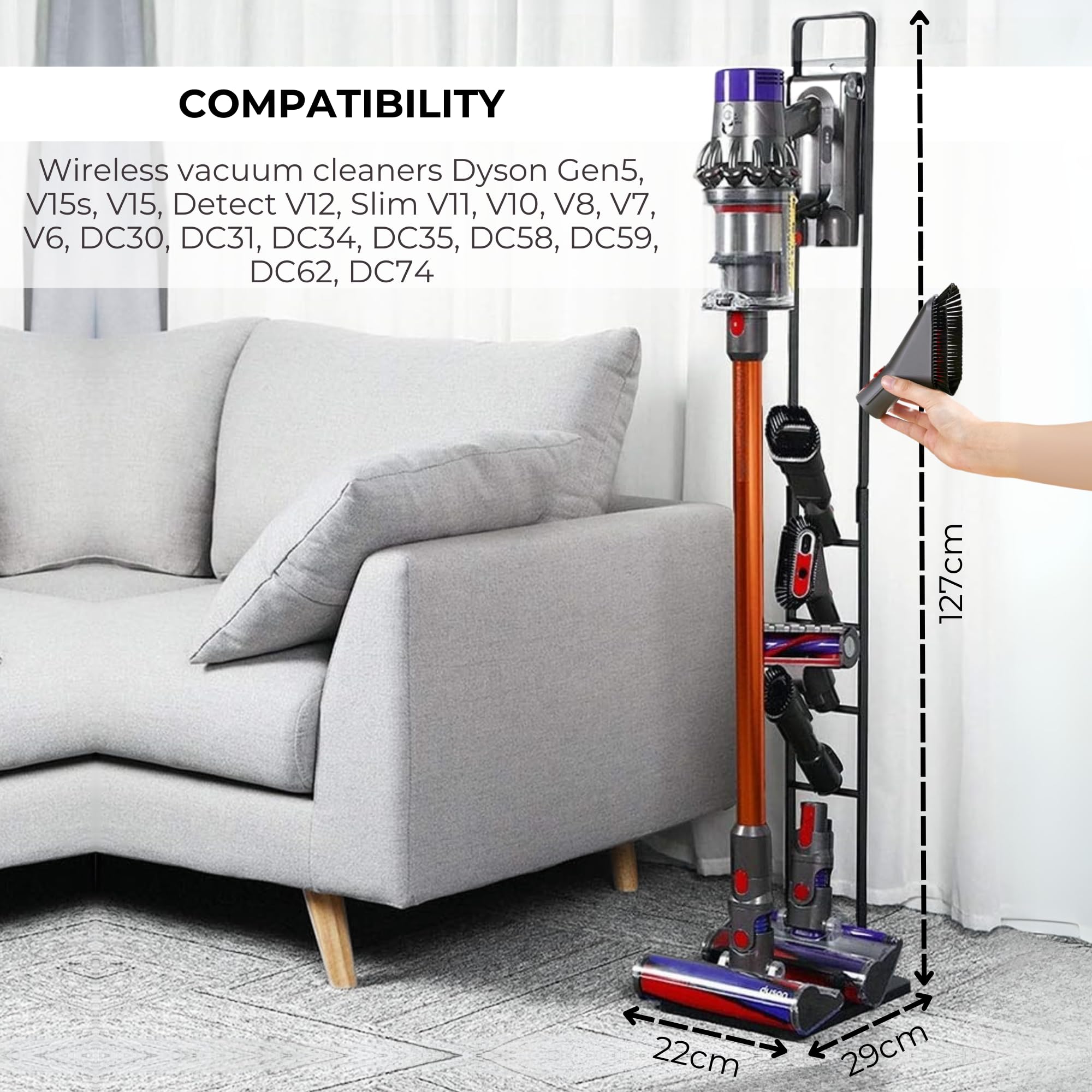 Supporto per Aspirapolvere Compatibile con Dyson V15 V12 V11 V10 V8 V7 V6 - DC45/ DC35/ DC58/ DC59/ DC62/ DC74- Organizzatore da Pavimento con Ruote Senza Forare Il Muro.